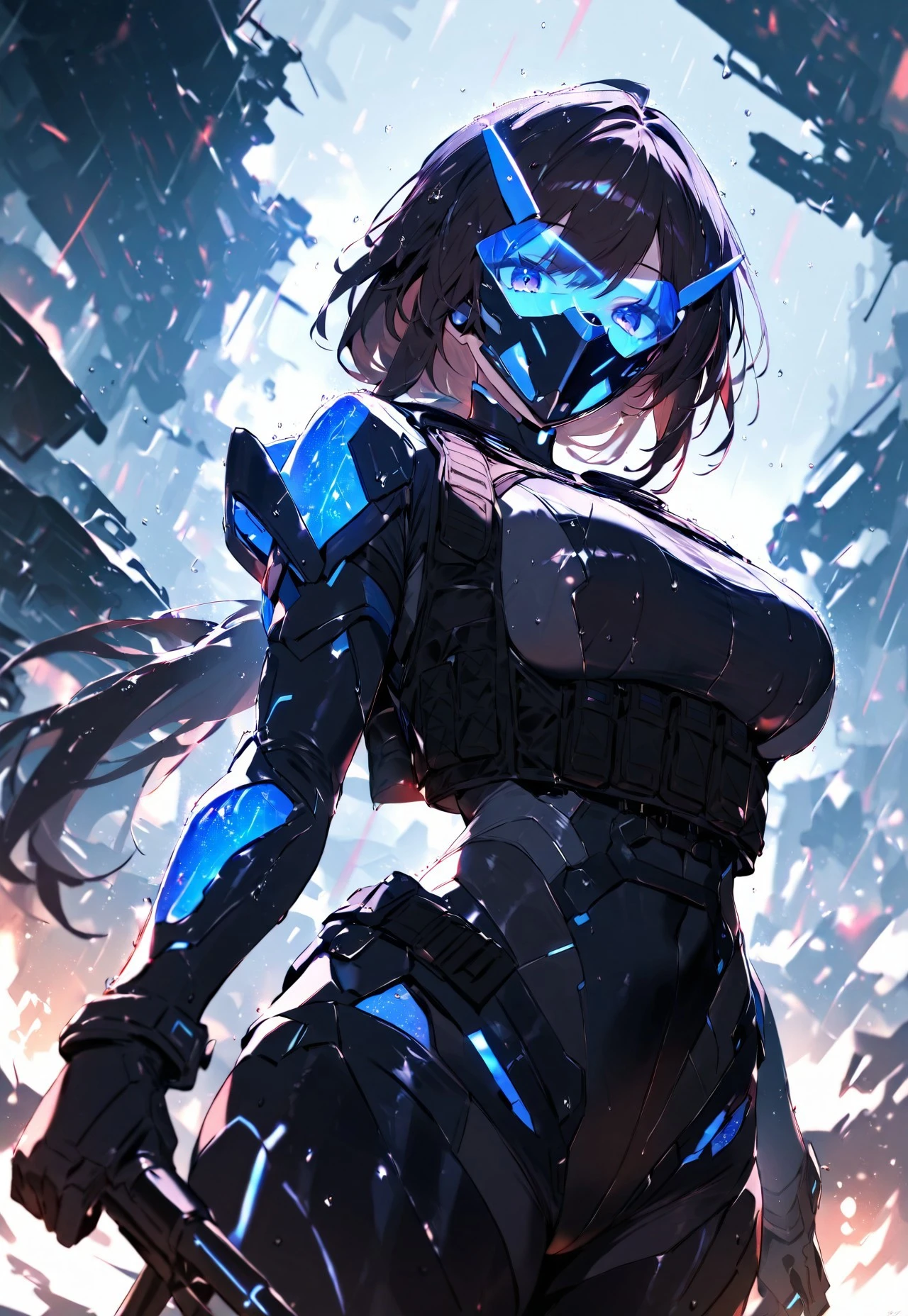 best quality,4k,8k, highres, masterpiece:1.2), extremely detailed eyes, extremely detailed body, (large masterpiece digital art), (detailed manga illustration), (detailed line art), ((perfect anatomy)), (intricate details:1.3), (ultra-detailed:1.3), (illustration:1.3), (sharp focus:1.3), (natural lighting:1.05), (vivid colors:1.3), (masterpiece), (best quality:1.4), (perfect anatomy:1.4), high quality, expressive eyes, full body, tall girl, detailed face, beautiful face, perfect face, breasts, gloves, large breasts, cyberpunk, (black armor), short hair, ((pale skin)), messy hair, detailed ((dark blue hair)), (honeydew hair), multicolored hair, two-toned hair, detailed eyes, (amber eyes), hourglass physique, mecha musume, fortified suit, mechanical parts, headgear, robot joints, bodysuit, deva battle suit, gloves, thick thighs, toned, emblem, superhero, dynamic lighting, 4k resolution, dynamic pose, weapon, energy weapon portrait, Jeff Bridges, ((cartoon style)), Marvel Cinematic Universe style, (((sci-fi city on the water in the background))), soft bokeh of futuristic city, Atey Ghailan, Jeremy Mann, Greg Manchess, Antonio Moro, trend in ArtStation, trend in CGSociety, Intricate, High Detail, Sharp focus, dramatic and photorealistic painting art by Midjourney and Greg Rutkowski, bokeh in the background