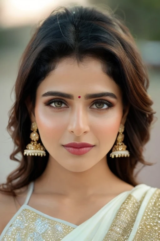 xiswraya, and, woman <lora:iswrayamenon_lora:0.8>,a, and, her, with, woman, (masterpiece, best quality, ultra-detailed, photorealistic, 8K UHD, sharp focus),
a close-up portrait of a confident woman wearing an elegant silk saree with intricate embroidery, ((white dress))
deep brown eyes, smooth skin texture, soft natural makeup, a bindi on her forehead,
graceful expression, traditional gold jewelry, earrings, and bangles,
cinematic lighting, soft shadows, depth of field, looking directly at the camera with a poised and powerful expression.