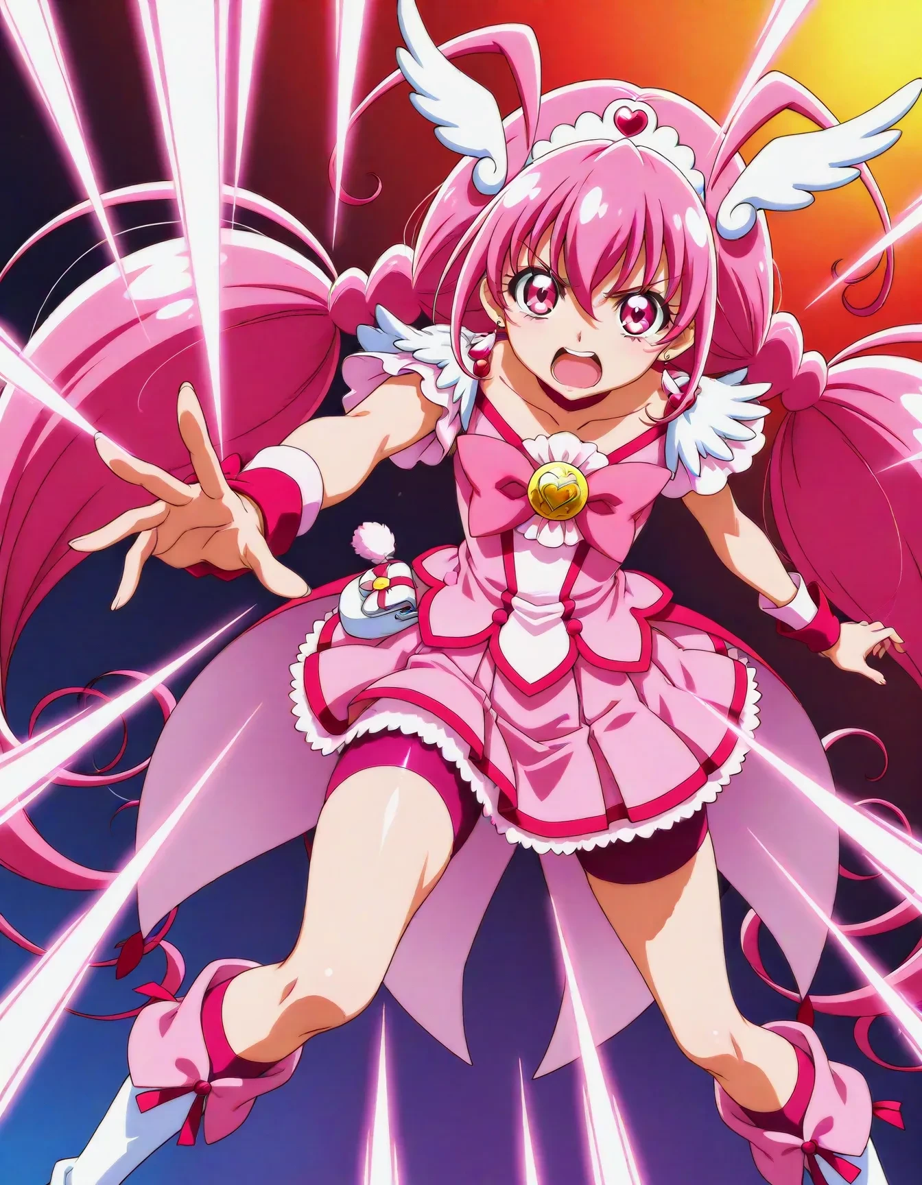 <lora:dmd2_sdxl_4step:1>,1girl,official style,masterpiece,best quality,newest,absurdres,highres,very awa,Anime,anime coloring,anime screencap,<lora:cure_happy_V1:1>,pink eyes,low twintails,hair between eyes,pink hair,antenna hair,hair ornament,head wings,tiara,pink choker,feather earrings,pink bow,pink shorts,pink skirt,bike shorts,shorts under skirt,pink wrist cuffs,knee boots,cure_happy,abstract_background,angry,beam from hand,reaching,open mouth,