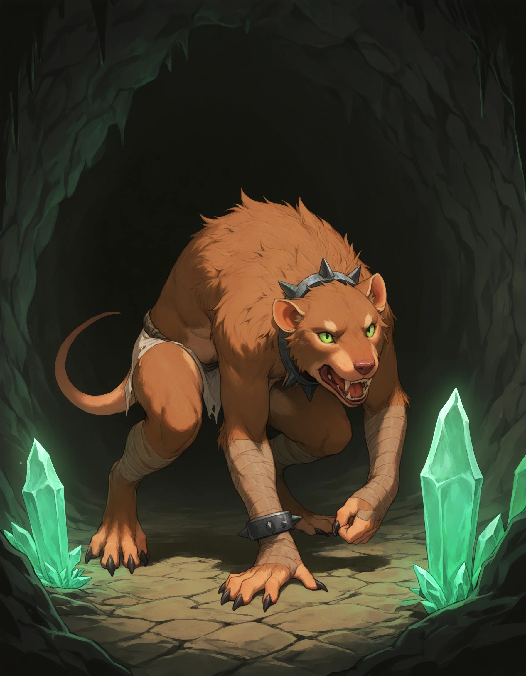 masterpiece, good quality, best quality, 2d, (sonech), manga,
underground, green crystals, glowing crystal,
Skavenslave, solo, monster, tail, brown fur, digitigrade, claws, dynamic pose,
<lora:Skavenslave_Vpred:0.6>