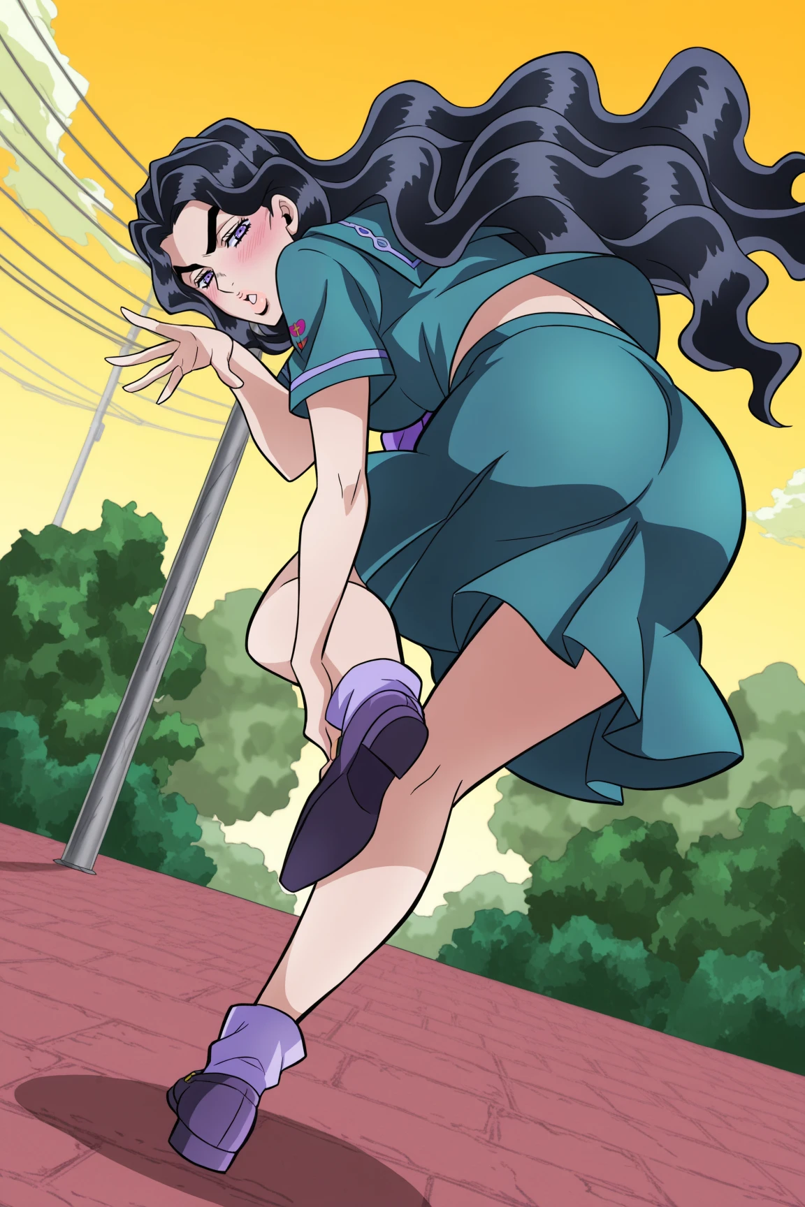 absurdres, amazing quality, highres, best quality,
<lora:Monika_Yamagishi_Yukako:0.8>, Monika_Yamagishi_Yukako, 1girl, solo, black hair, long hair, wavy hair, purple eyes, thick eyebrows, skirt, parted lips, looking at viewer, blush, official style, open mouth, narrowed eyes,
school uniform, serafuku, blue uniform, medium breasts, tall female, matufe female, dutch angle, (jojo pose:1.3), close-up, (knee up:1.2), leaning forward, reaching, full body, knee on floor, close-up, from behind, ass focus, looking back, backboob,
bokeh, depth of field, outdoors, yellow sky, clouds, houses, tree, bush, telephone wires, posts,
