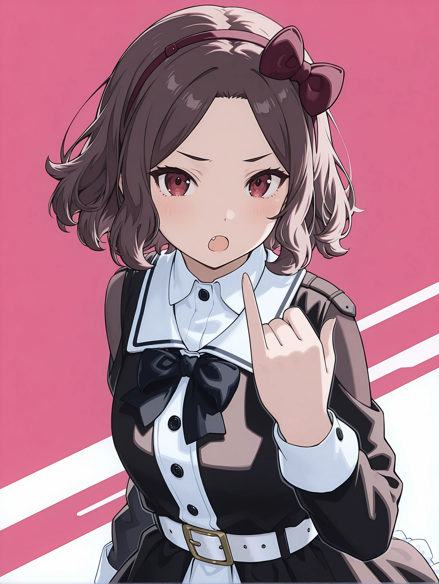 masterpiece,best quality,newest,1girl,solo,
<lora:TOMO_EBIZUKA_ilxl_v1.2:1>,tomo_ebizuka,brown hair,hairband,red hair bow,
black dress,black bowtie,long sleeves,skirt,frilled dress,collared shirt,two-tone dress,belt,
open mouth,
<lora:Fixhands_anime_bdsqlsz_V1:1>,back of the hand,pinky out,white_background,simple_background,looking_at_viewer,upper_body,looking at viewer,disdain,