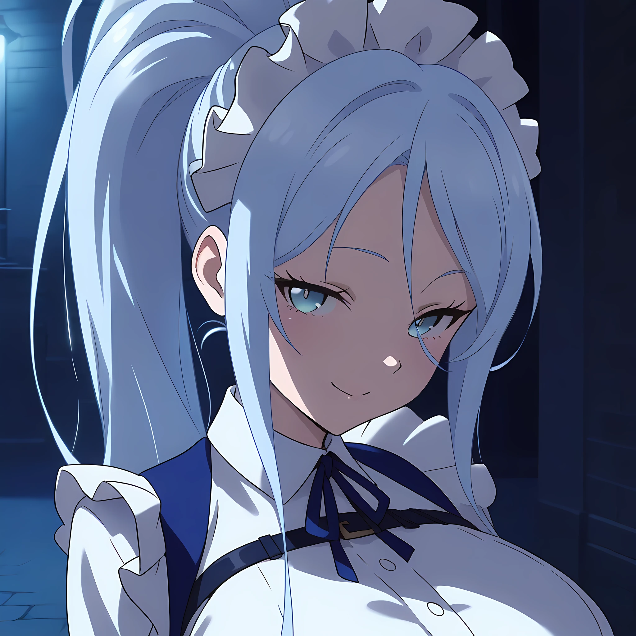 sylpha_langlis, 1girl, seductive smile, solo, maid headdress, blue eyes, blue hair, long hair, ponytail, looking at viewer, large breasts, maid, shirt, upper body, light blue hair, dark alleyway background, night, <lora:SylphaLanglis-IllustXL:1>, (masterpiece),(best quality),(ultra-detailed),(best illustration),(best shadow),(absurdres),(detailed background),(very aesthetic),