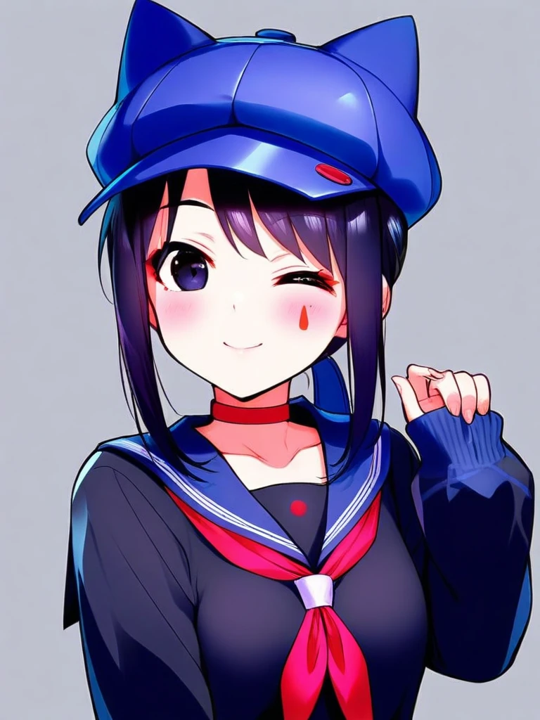 masterpiece,best quality,very aesthetic,highres,absurdres,<lora:hatmita_ill:1>,hatmita, 1girl, looking at viewer, smile, one eye closed, animal hat, black serafuku, sleeves past wrists, red neckerchief, ;), blue hat