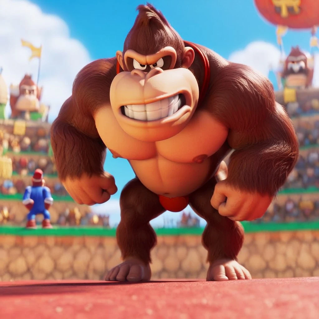 anthro, teeth, d0nkey_kong, male focus, Angry, sky, no humans, 1boy, Grin, mario_movie, blurry background, Muscle, pecs, nipples, Full body, standing