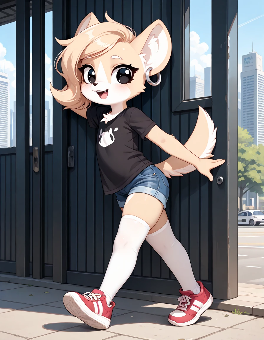 masterpiece, best quality,
outdoors,detailed background,city
full body,happy,long eyelashes,chest fluff, black shirt,denim shorts, white thighhighs, sports footwear,
<lora:add-detail-xl:1>,
<lora:Maddy_v0.1_ILXL:1>,
Maddy,1girl,solo,animal ears,furry female,animal nose,tail,body fur,two-tone fur,earrings,white fur,black eyes,flat chest,jewelry,blonde hair,hoop earrings,short hair,