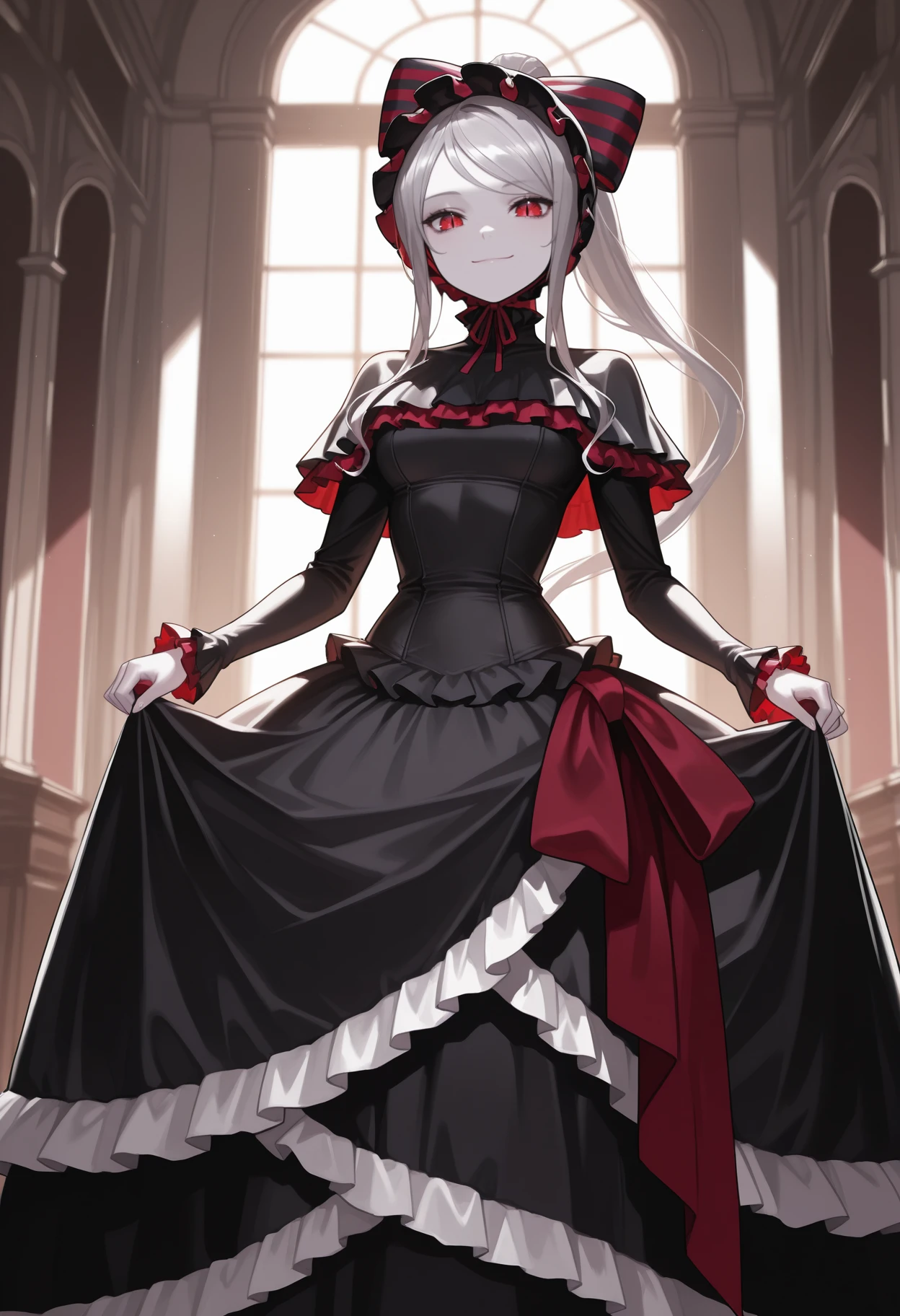 masterpiece, best quality, newest, solo, 1girl, sh4llt3ar, pale skin, smile, closed mouth, looking at viewer, curtsey, grey hair, ponytail, hair bow, striped bow, bonnet, red eyes, slit pupils, frills, black capelet, frilled capelet, long dress, black dress, frilled dress, long sleeves, frilled sleeves, indoors, mansion, loaded interior
<segment:yolo-Anzhc Face seg 640 v2 y8n.pt,0.4,0.5//cid=1>