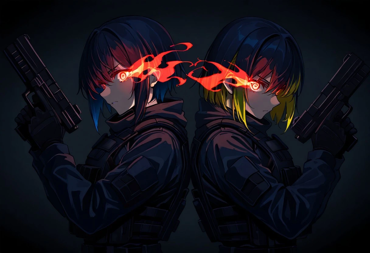 eye trail, flaming eyes, 2girls, back to back, looking forward, tactical clothing, holding weapon, holding gun, hands up, multicolor hair, hair highlights, glowing eyes, high contrast, dramatic lighting