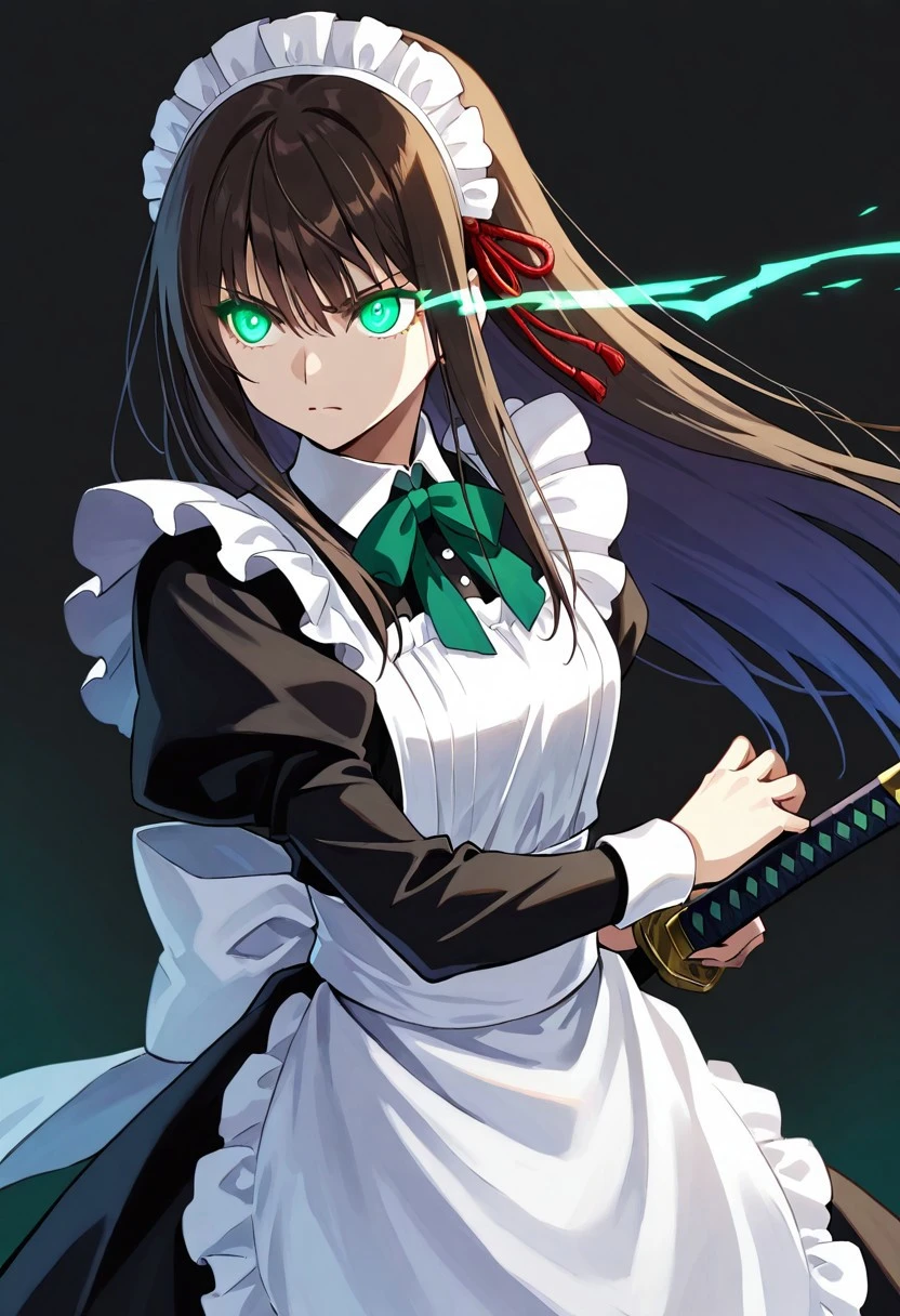eye trail, 1girl, simple background, maid outfit, long hair hair, straight hair, hair ornament, looking to side, green eyes, glowing eyes, serious expression, drawing weapon, katana, sword