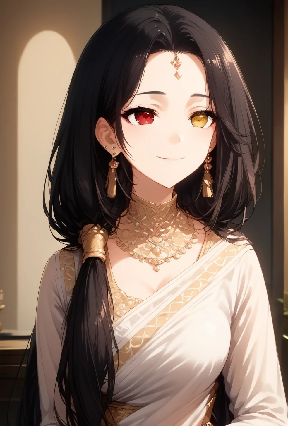 score_9_up, score_9, source_anime, 1girl, solo, 3/4 view, halfbody, fullbody, smile, closed mouth <lora:Expressive_H:1.75> expressiveh, <lora:Saree:1> saree, indian, indianstyle , earrings, <lora:Kurumi_Tokisaki:1> black hair, red eye, long hair, yellow eye, heterochromia, 1girl, solo, twintails, smile, closed mouth