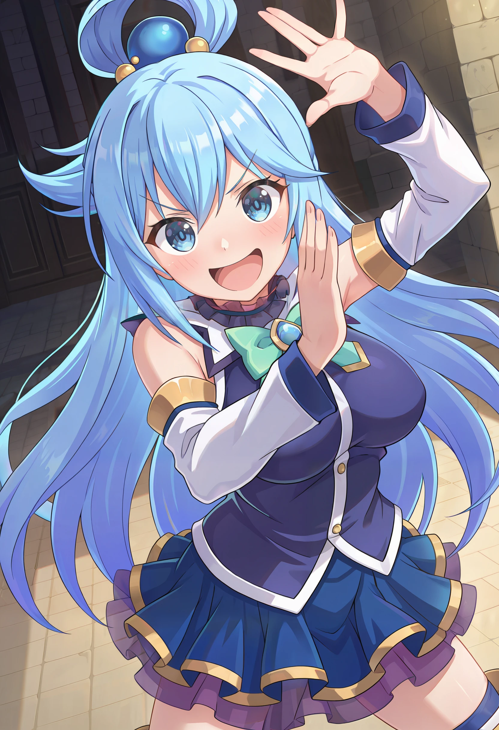 (masterpiece:1.3), (best quality:1.1), (8k, ultra detailed, ultra high res:1.2), ((anime style)), perfect 5 fingers, perfect anatomy,
1girl,
Aqua \(konosuba\),
long hair, single hair ring,
blue hair,
(blue eyes:1.2), (beatiful detailed eyes:1.2), smile, dynamic pose, heart hands, ((mystical atmosphere)),
green bow,
medium ,
BREAK blue shirt, blue skirt, white thighhighs, bare shoulders, detached sleeves,
looking at viewer,
cowboy shot,
standing,
natural light,