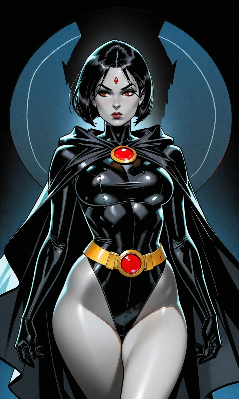 thick outlines, comics, photorealistic, 1girl, solo, small breast. <lora:raven-768:0.8>, ravenlora, grey skin, black leotard, blue cape, belt, detailed background, detailed face, detailed eyes, <lora:add_detail:0.7>