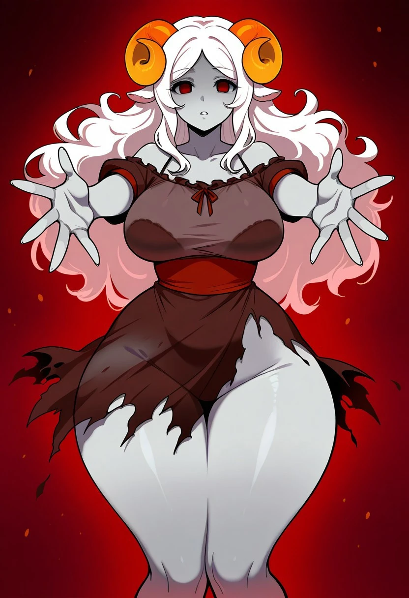 head and shoulders, 1girl, solo, Aradia Megido, ghost, see-through, transparent skin, ghostly skin, white hair, long hair, sheep horns, empty eyes, floating, arms outstretched, reaching toward viewer, large breasts, torn dress, wide hips, huge ass, masterpiece