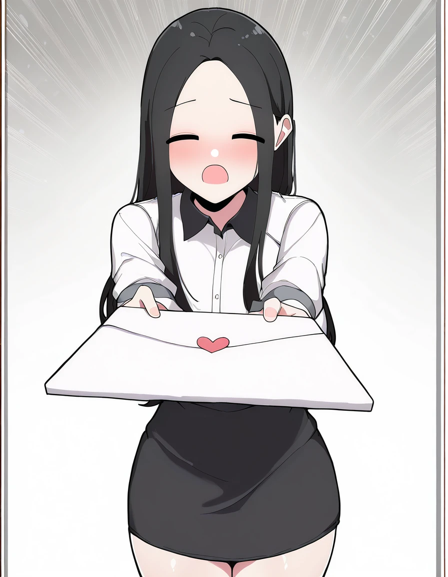 masterpiece, best quality, newest, absurdres, highres, safe,, <lora:yoo-jae-kyung-manhwa-illustriousxl-lora-nochekaiser:1>, yoo jae-kyung, long hair, large breasts, black hair, closed eyes, forehead,, <lora:love-letter-ponyxl-lora-nochekaiser:1>, love letter, heart, valentine, letter, confession, incoming gift, outstretched arms, closed eyes, shouting,, , cowboy shot, solo