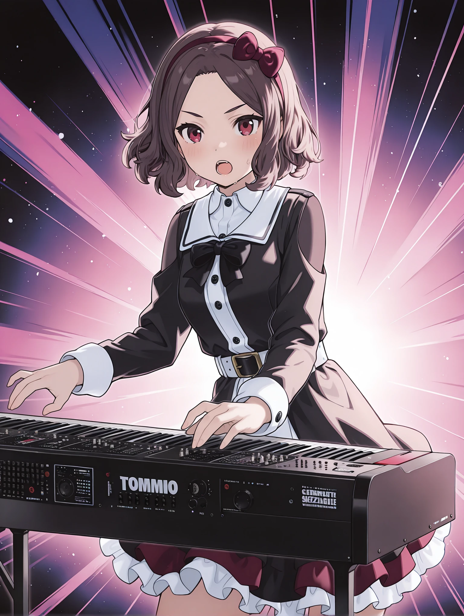masterpiece,best quality,newest,1girl,solo,
<lora:TOMO_EBIZUKA_ilxl_v1.2:1>,tomo_ebizuka,brown hair,hairband,red hair bow,
black dress,black bowtie,long sleeves,skirt,frilled dress,collared shirt,two-tone dress,belt,
<lora:Fixhands_anime_bdsqlsz_V1:1>,dynamic_angle,cinematic_angle,cowboy_shot,face_focus,instrument,Synthesizer,white_background,simple_background,front view,singing,sweat,blush,serious,open mouth,