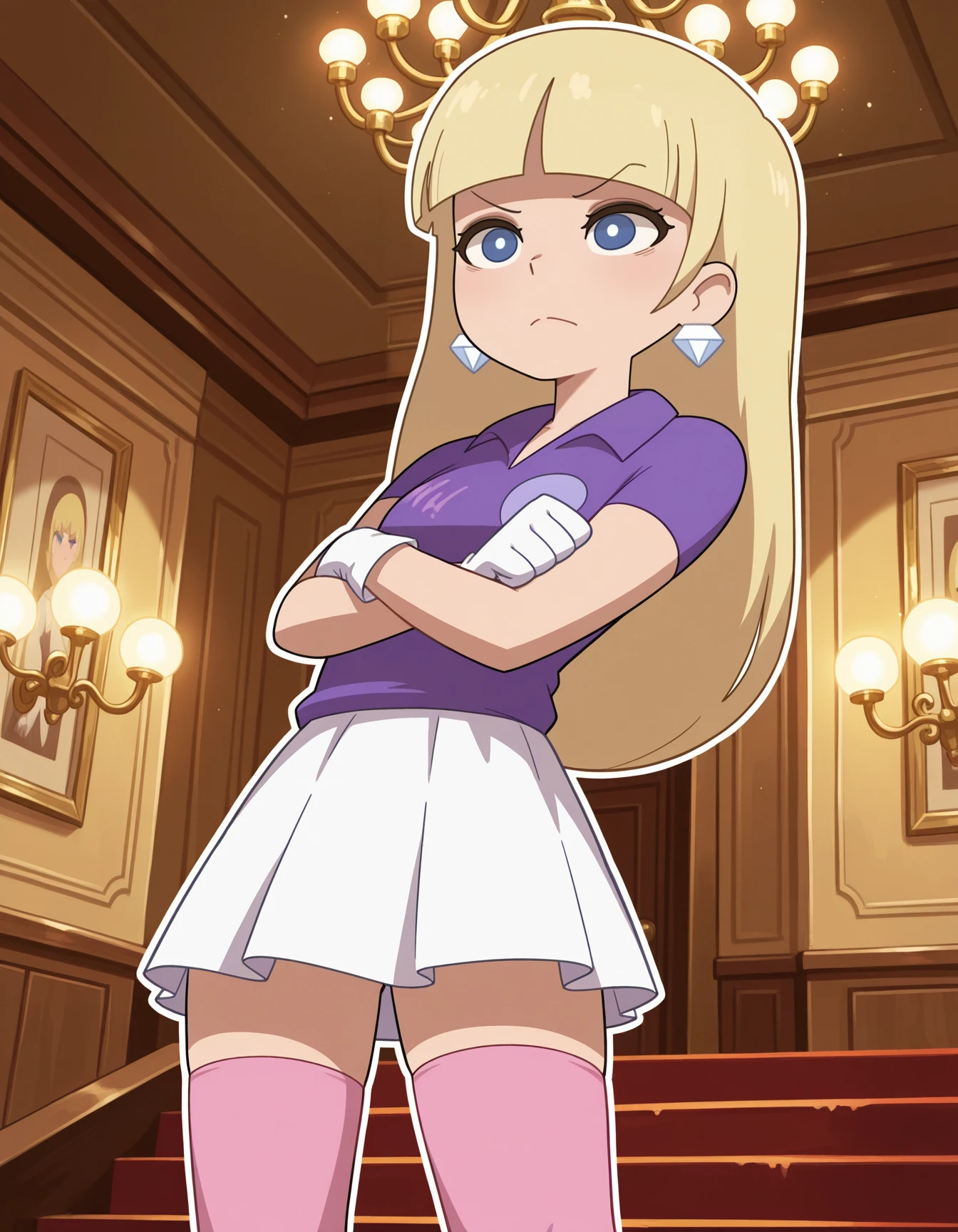 <lora:Pacifica_MikeInel_ILL-15:1> 2d, omspacifica, 1girl, (adult woman:.7), blonde hair, long hair, bangs, blue eyes, white pupils, earrings, diamonds, collared shirt, purple shirt, single white glove, white skirt, pink thighhighs,
serious,
amazing quality,very aesthetic,absurdres,newest,
indoors, mansion, nighttime, chandelier,
standing, crossed arms, BREAK depth of field, blurry background, soft lighting, lens flare, white outline, dutch angle
