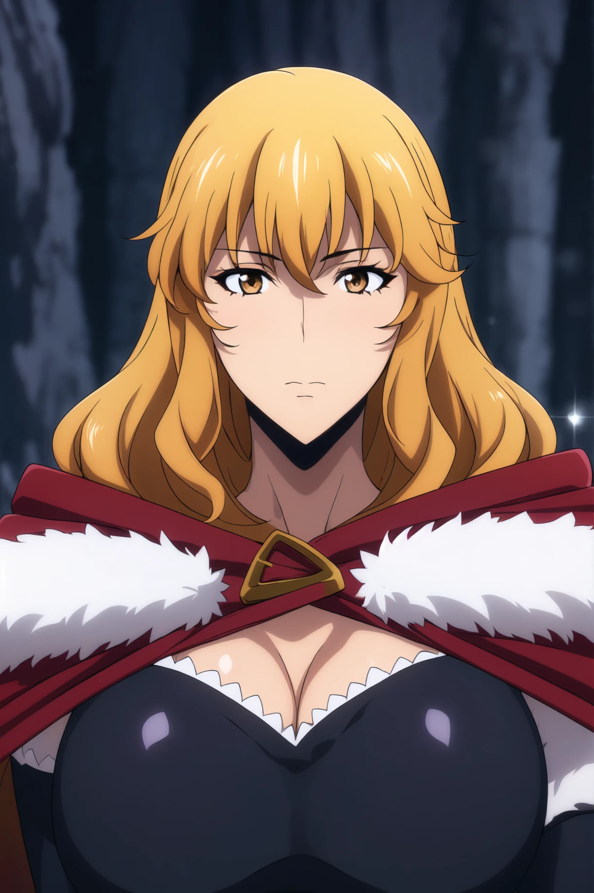 Night, rock, wall,
dynamic pose,standing at attention,
fur-trimmed cape, fur-trimmed gloves, fur-trimmed jacket, elbow gloves, red cape, cleavage,
Black dress,
<lora:Gina_SoloLeveling-KK77-V1:0.7>, Gina_SoloLeveling,
brown eyes, blonde hair,bangs,Makeup, red lipstick,
<lora:more_details:0.1>,<lora:NovelAI_YesMix5_KKStyle-KK77-Yes5-V1:0.3>,<lora:Oda_Non_Style2-KK77-Yes5-V1:0.3>,
1 girl, 20yo,Young female,Beautiful long legs,Beautiful body,
Beautiful Nose,Beautiful character design, perfect eyes, perfect face,expressive eyes,perfect balance,
looking at viewer,(Focus on her face),closed mouth, (innocent_big_eyes:1.0),
official art,extremely detailed CG unity 8k wallpaper, perfect lighting,Colorful, Bright_Front_face_Lighting,White skin,
(masterpiece:1.0),(best_quality:1.0), ultra high res,4K,ultra-detailed,
photography, 8K, HDR, highres, absurdres:1.2, Kodak portra 400, film grain, blurry background, bokeh:1.2, lens flare, (vibrant_color:1.2),professional photograph,
(Beautiful,large_Breasts:1.4), (beautiful_face:1.5),(narrow_waist),