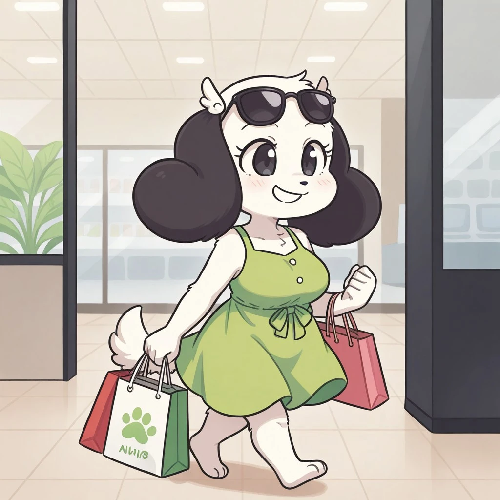 Rachel(BCB), solo, 1girl, anthro, female furry, dog, dog girl, white fur, large ears, black ears, black eyes, short tail, fluffy tail, wing hair pins, shortstack, full body, green sundress, sunglasses, holding shopping bag, smiling, walking, mall setting,
