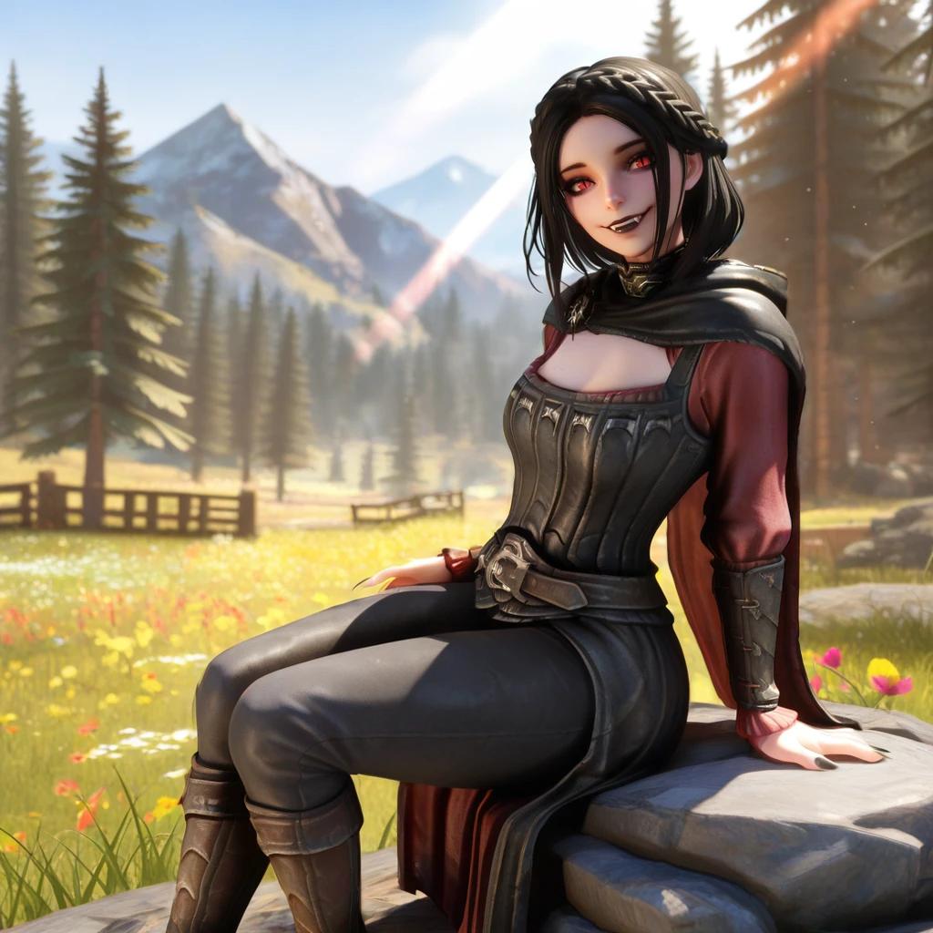 masterpiece,best quality,absurdres,highres,<lora:NS1:1>,skyrim-style,
sitting on stone,garden,sunbeam,looking at viewer,head tilt,smile,arm support,
1girl,solo,ccserana,double crown braid,black hair,medium hair,red eyes,mascara,slit pupils,black lips,fang,fang out,black hooded cape,two-sided cape,jewelry,silver gorget,cleavage cutout,black corset,red shirt,arm guards,belt,black pants,boots,small breasts,black nails,sharp fingernails,
mountain,mountainous horizon, cabin, outdoors, forest, tree, pine tree, flower, grass,
