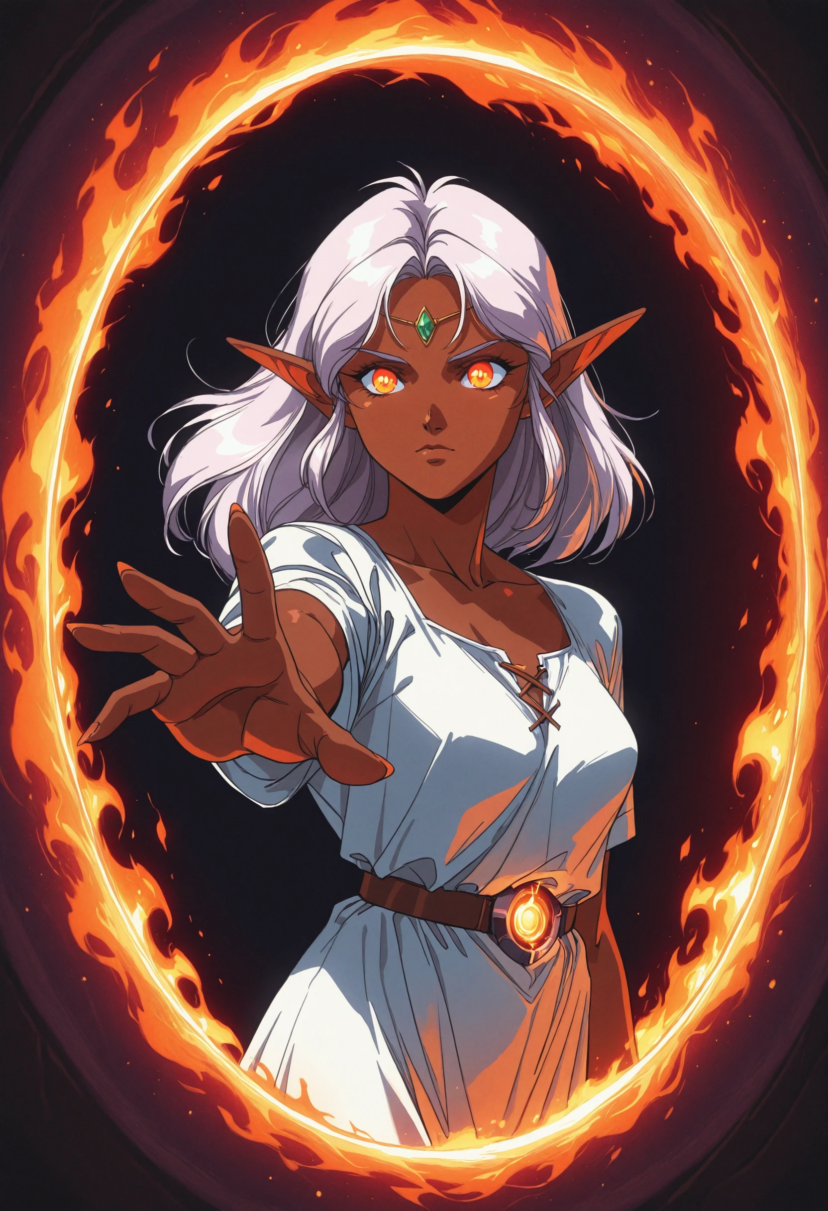 p0rtalreach, melanch0ly, portal, arm reaching through portal, 1girl, solo, glowing orange eyes, elf, pointy ears, dark skin, white dress, fire, flames, 1990s, retro anime, best quality, masterpiece, <lora:PortalReachIllustrious:0.8>, <lora:MelancholyAnime:0.8>