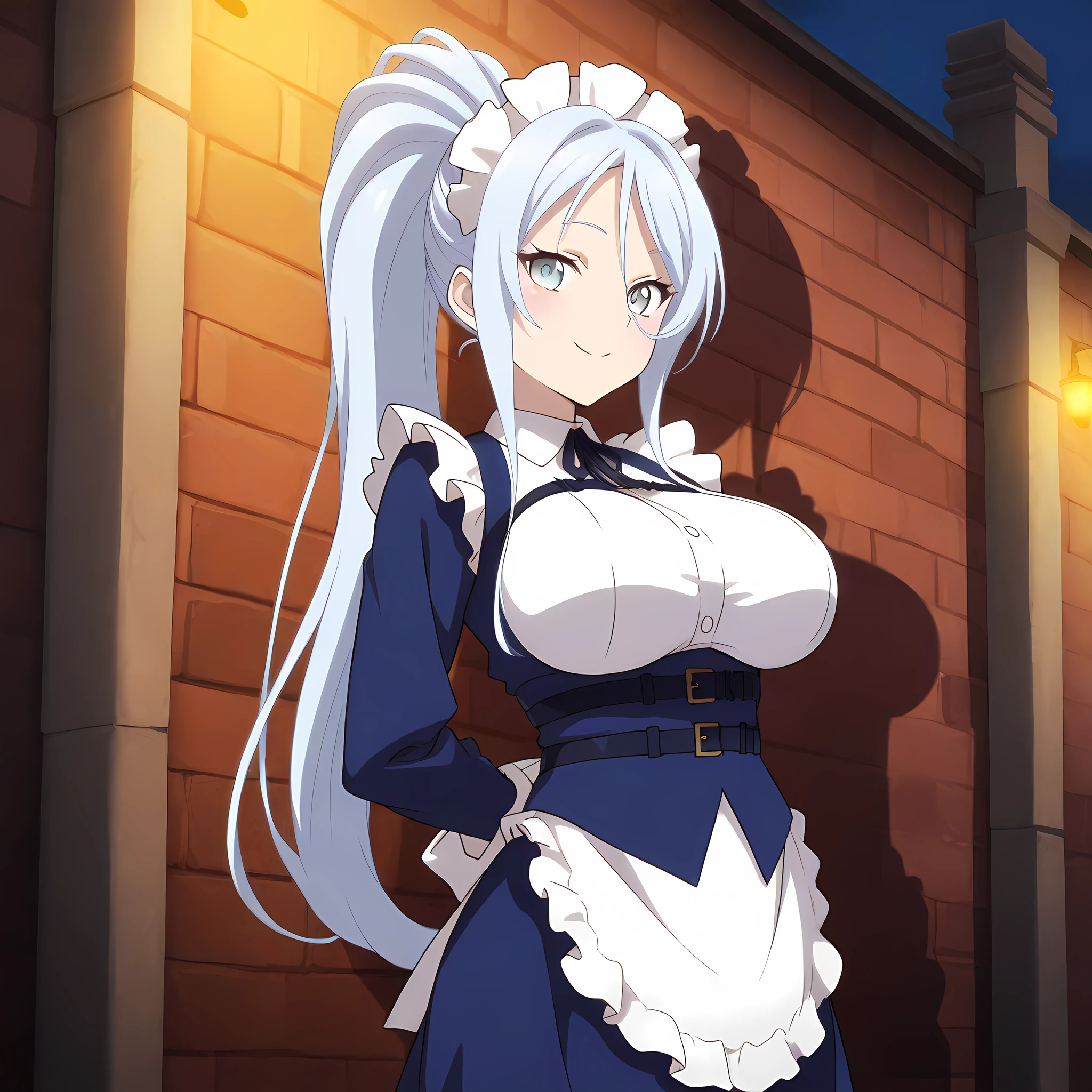 sylpha_langlis, 1girl, solo, maid headdress, long hair, light blue eyes, maid, smile, blue hair, ponytail, apron, long sleeves, light blue hair, large breasts, looking at viewer, cowboy shot, dark alleyway background, night, <lora:SylphaLanglis-IllustXL:1>, (masterpiece),(best quality),(ultra-detailed),(best illustration),(best shadow),(absurdres),(detailed background),(very aesthetic),