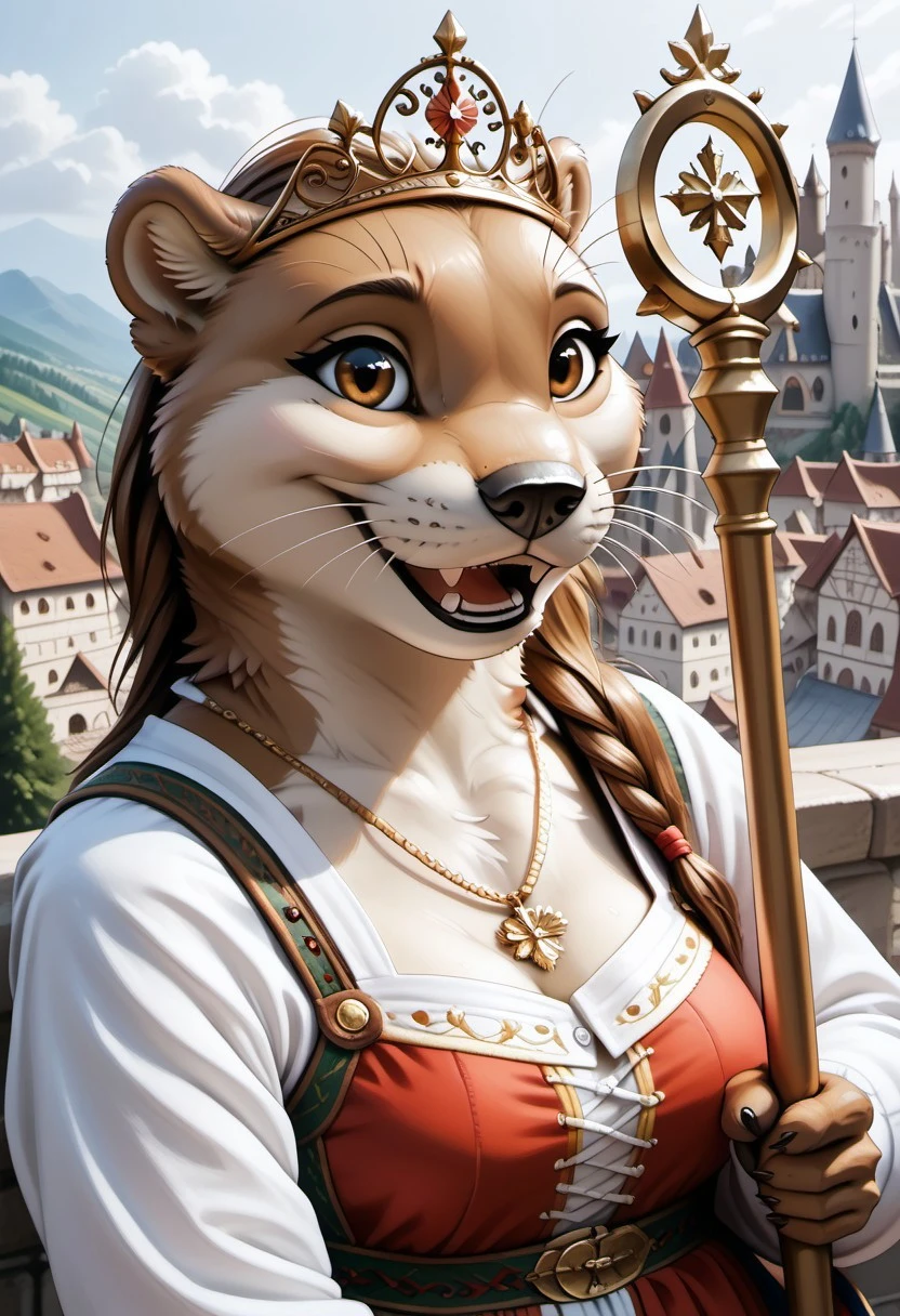 anthro, female otter, voluptuous figure, tufted fur, tufted ears, cheast tuft, otter tail, detailed fur, open smile, long brown hair, brown fur, brown eyes, otter teeth, medieval castle, solo, whiskers, medium breasts, seductive look, balcony, overview, medieval city, bunad, norwegian bunad, norwegian folklore dress, norwegian folklore costume, golden tiara, golden necklace, holding golden staff,