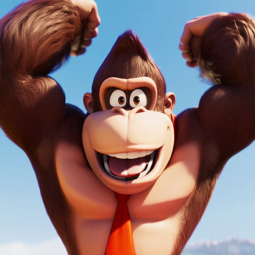 High quality, masterpiece, black jacket, necktie, no humans, confident, Sing_movie, male, throat, Brown fur, teeth, hand up, y, (((face shot))), furry, gorilla, D0nkey_kong, DK, mario_movie, Illumination Studios style, smiling, teeth, open mouth, arms up, Tongue, armpits, (((tongue out))) , uvula