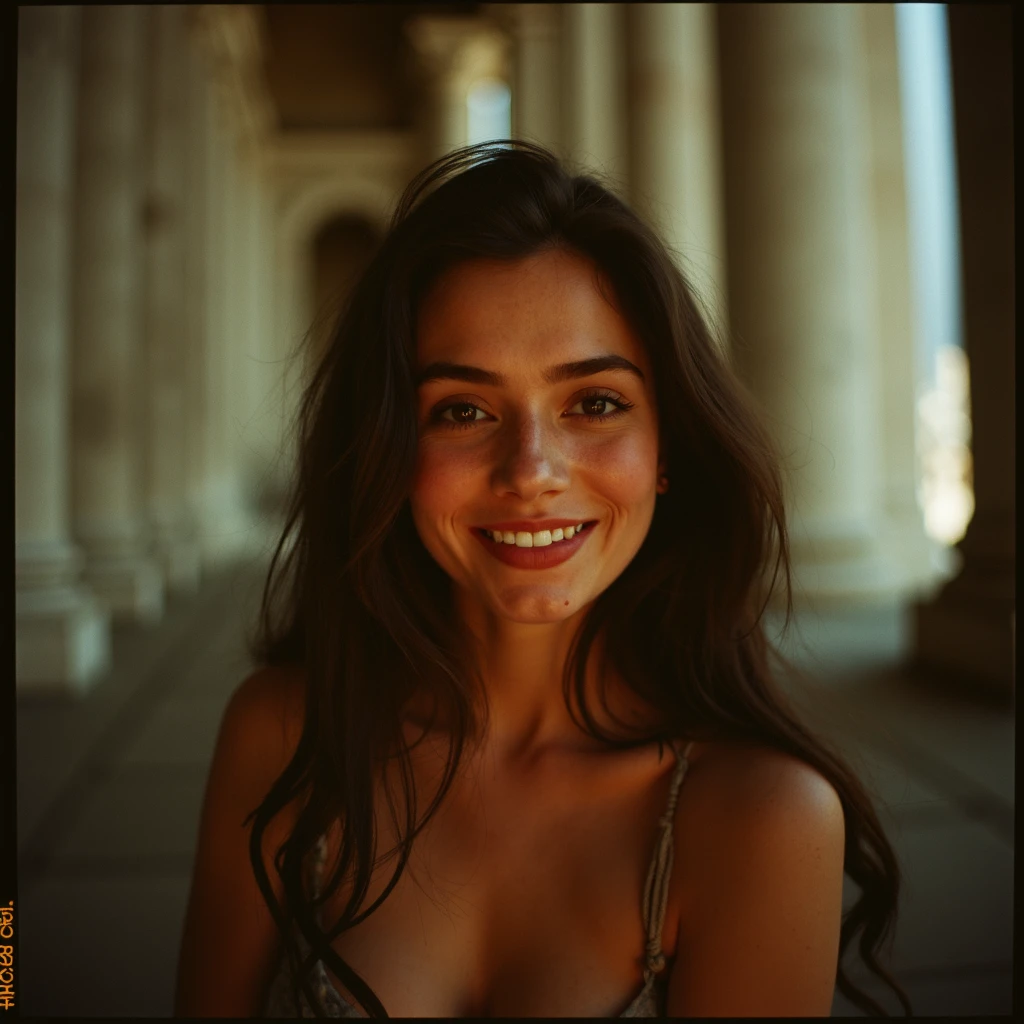 <lora:analogphotosv3:0.9> aaphotosv2, (ultra film grain:0.8), full body shot, Focus - shallow depth of field, full body shot, (curvy:0.8) a beautiful young woman (textured skin and different skin coloration in cheeks and forehead:1), in a monument posing casually for a photo, spotlight lighting, well-lit face, looking at the camera, excited and nervous, smiling ,funny image, shot by the Kodak Brownie