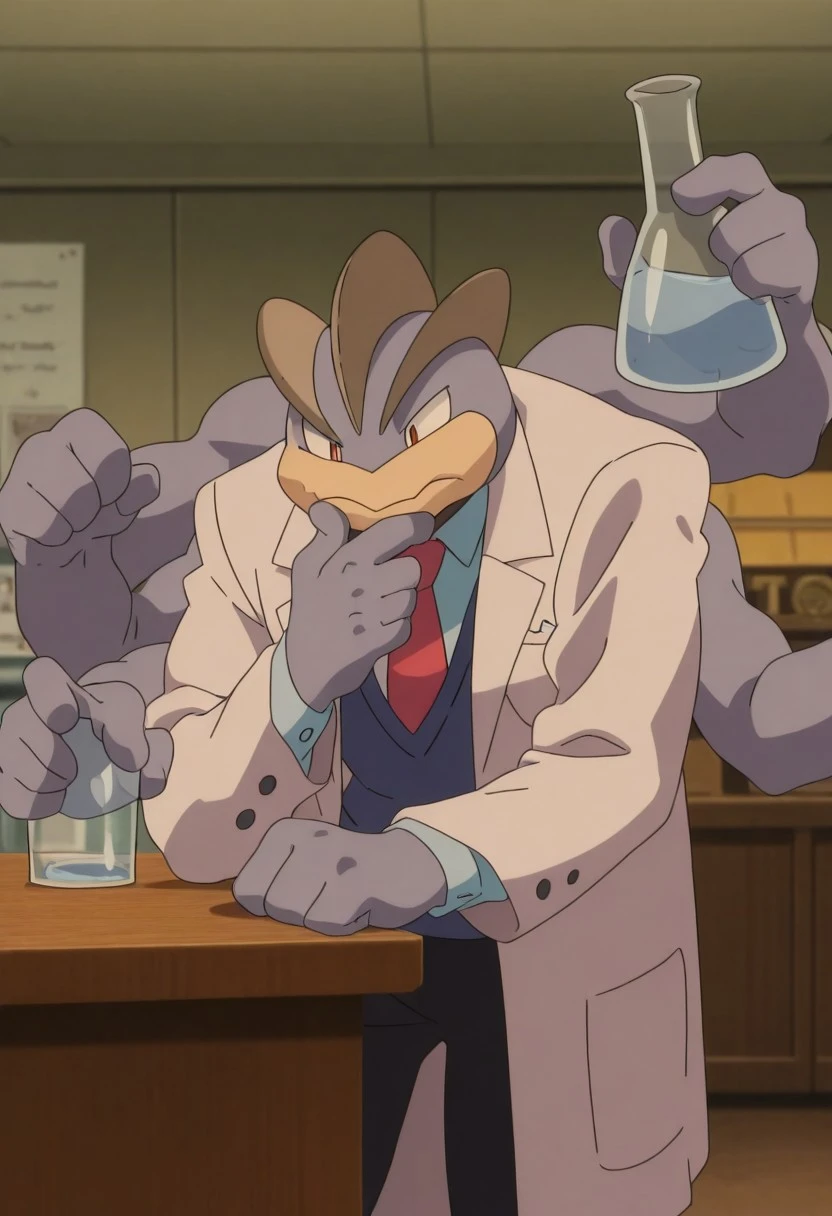 pokemon \(classic anime\), anime screencap,
best quality, masterpiece, amazing quality, very aesthetic, absurdres,
no humans, pokemon \(creature\), solo,
machamp,
rubbing chin, holding a beaker, labcoat, thinking, extra arms, tie, sweater vest,
indoors, laboratory