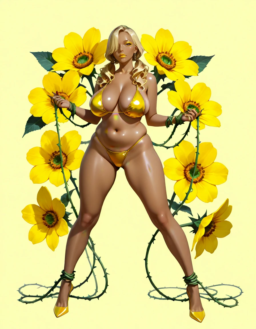 masterpiece, very awa, best quality, amazing quality, very aesthetic, absurdres, newest, intricate details,
realistic, sfw,
1girl, beautiful russian and korean and chinese mixed-race female, juicy woman, 20year old, mature female, (gyaru, yellow makeup),
(looking at viewer, expressionless, side face, lively atmosphere), blush,
yellow hair, long twintails, bangs, hair over one eye,
big breasts, plump, wide hip,
standing, spread legs,
vines wrapped around her body, vines wrapped bondage,
wearing a yellow bikini,
huge yellow flower background, yellow background, shoot form side, full body shot,
rim lighting,
<lora:Style-Hyper-SDXL-12steps-CFG-lora:0.8>
<lora:add_brightness_XL:-0.>
<lora:add_contrast_XL:0.>
<lora:add_outline_XL:-0.2>
<lora:add-detail-xl:0.4>
<lora:Add-Face-StS_Age_Slider_Illustrious_v1:1>