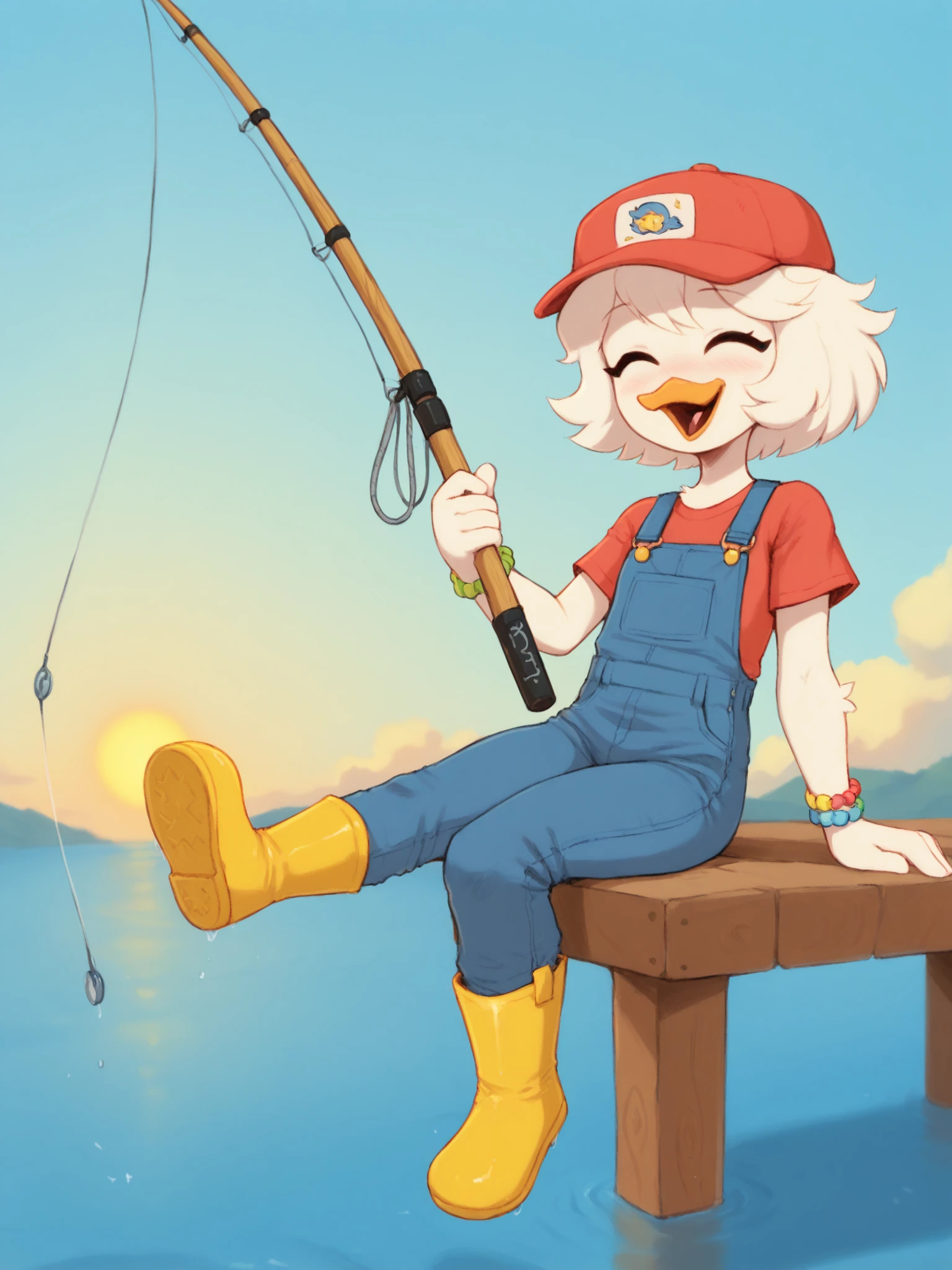 (masterpiece, best quality, very aesthetic, absurdres, artist:sakura, outdoors, sun, cloud, blue sky, detailed background, wood dock, seaside, water, shaded, artist:waspsalad,) 1girl, solo, webby vanderquack, duck, beak, young, short hair, white hair, baseball cap, overalls, rubber boots, t-shirt, multicolored bracelet, fishing rod, sitting, swinging legs, eyes closed, happy, open smile, blush, <lora:Waspsalad Style Ill:1> <lora:Webby_Vanderquack:1>
