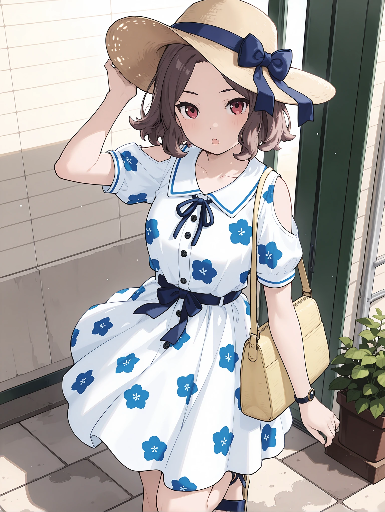 masterpiece,best quality,newest,1girl,solo,
<lora:TOMO_EBIZUKA_ilxl_v1.2:1>,tomo_ebizuka,brown hair,
<lora:Fixhands_anime_bdsqlsz_V1:1>,sun hat,hat bow,bag,blue ribbon,print dress,sandals,
looking_at_viewer,open mouth,