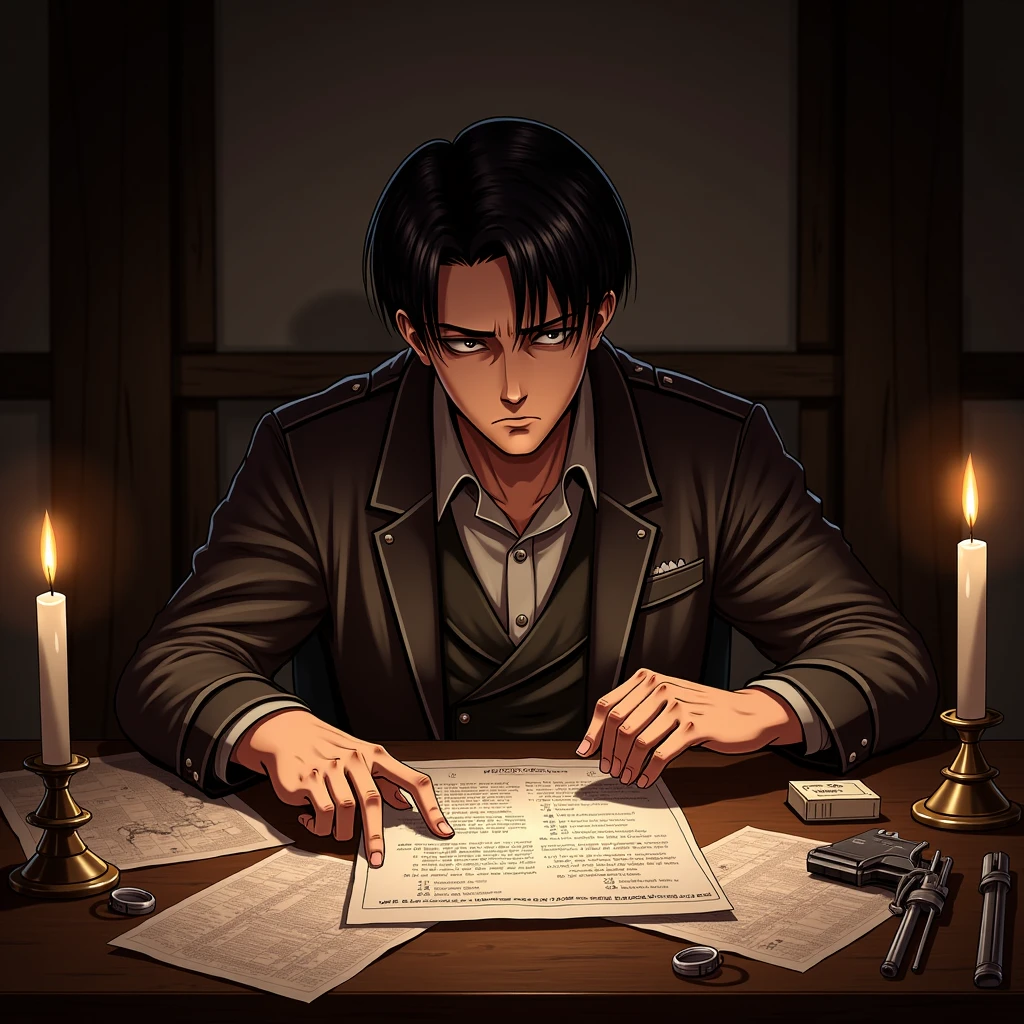 leviwiro, A highly detailed anime-style illustration of a master tactician seated at a wooden table, surrounded by maps, reports, and scattered weapons. His sharp eyes scan the documents in front of him, analyzing every possible move before the next battle. His dark, slicked-back hair falls slightly out of place, revealing a tired but focused expression. Candlelight flickers in the dimly lit room, casting deep shadows that accentuate his sharp features and unwavering resolve.