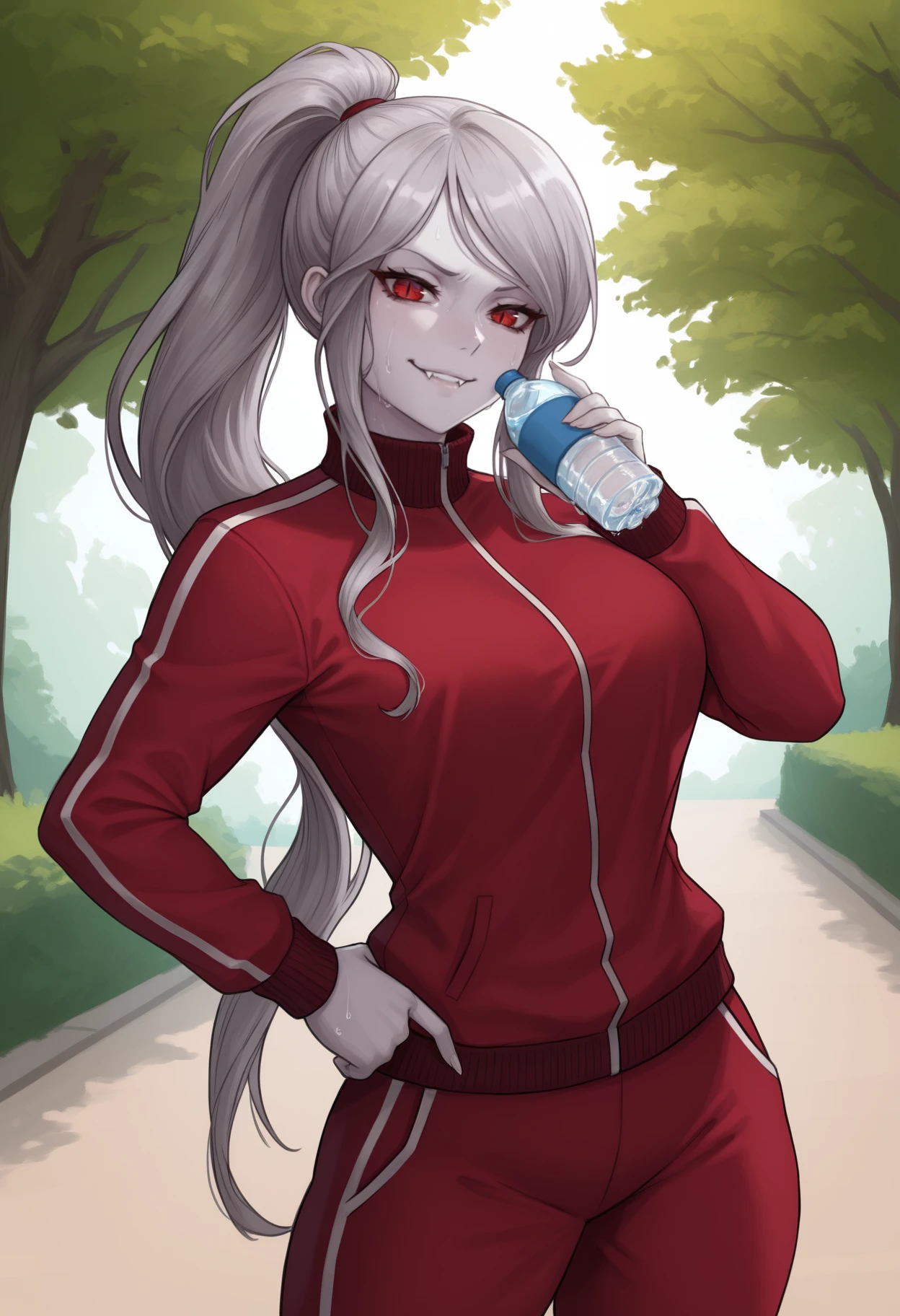 masterpiece, best quality, newest, solo, 1girl, sh4llt3ar, pale skin, fangs, sweat, smirk, looking at viewer, standing, hand on own hip, holding water bottle, grey hair, ponytail, red eyes, slit pupils, track suit, red jacket, track jacket, long sleeves, red pants, outdoors, day, park, tree
<segment:yolo-face_yolov8m.pt,0.4,0.5//cid=1>