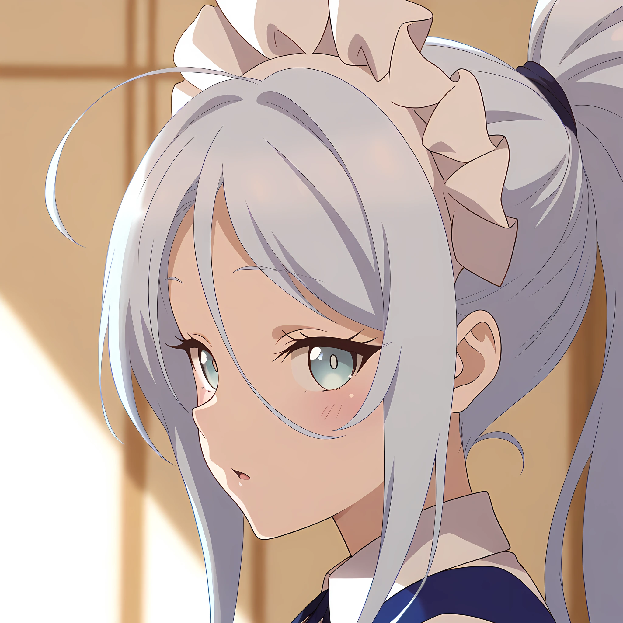 sylpha_langlis, 1girl, blue hair, blue eyes, blush, maid headdress, long hair, open mouth, solo, looking at viewer, hair between eyes, anime coloring, ahoge, maid, portrait, blurry, from side, ponytail<lora:SylphaLanglis-IllustXL:1>, (masterpiece),(best quality),(ultra-detailed),(best illustration),(best shadow),(absurdres),(detailed background),(very aesthetic),