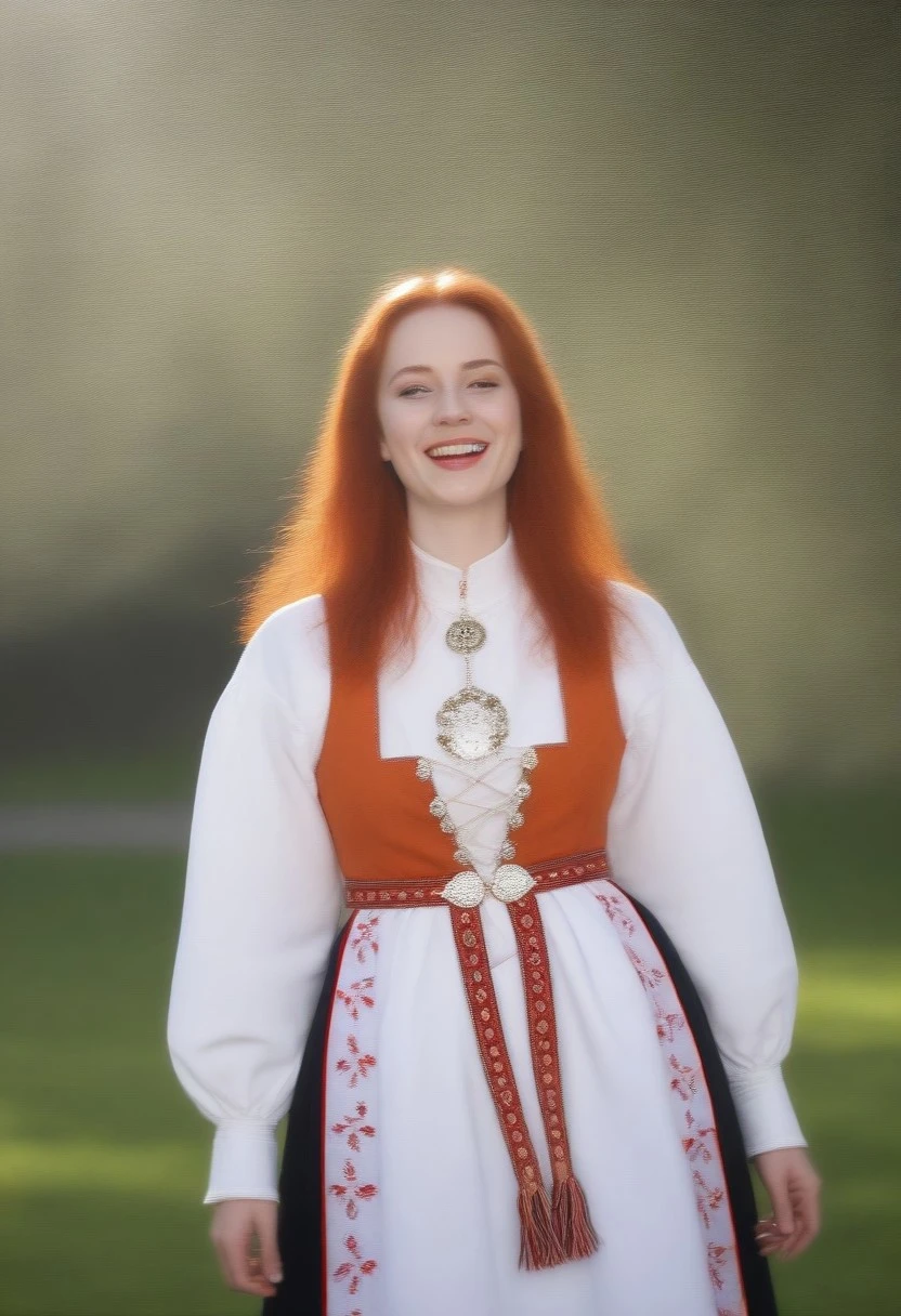 Female character, young woman, long hair, straight hair, orange hair, freckles, beautiful face, smile, brown eyes, cheering, outdoors, park, garden, lawn, trees, happy, sunny weather, norwegian bunad, norwegian folklore costume, norwegian folklore dress, bunad, pale face, pale skin