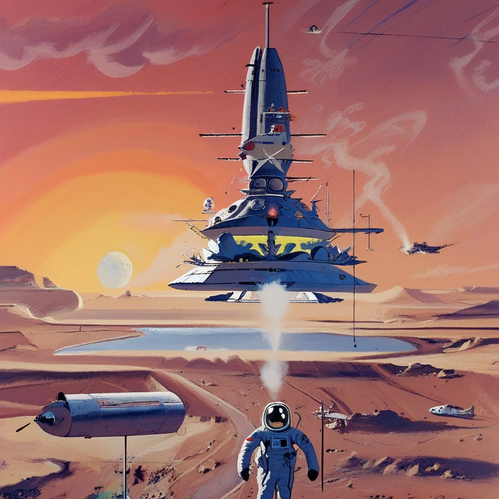 a painting of an astronaut standing on the moon next to a space craft with a man in a spacesuit standing next to it, sun, smoke, spacecraft, an illustration of a space station in the middle of a desert with a rocket coming out of the ground, an advertisement for british airways shows a space shuttle taking off from the surface of the earth, outdoors, rainbow, ship, floating, a painting of two astronauts on the surface of the moon with one reaching out to touch the other astronaut, a painting of a futuristic city with a rainbow in the sky and a rainbow in the middle of it, night sky, military, a painting of a futuristic city with people standing on top of a hill and looking out over the city