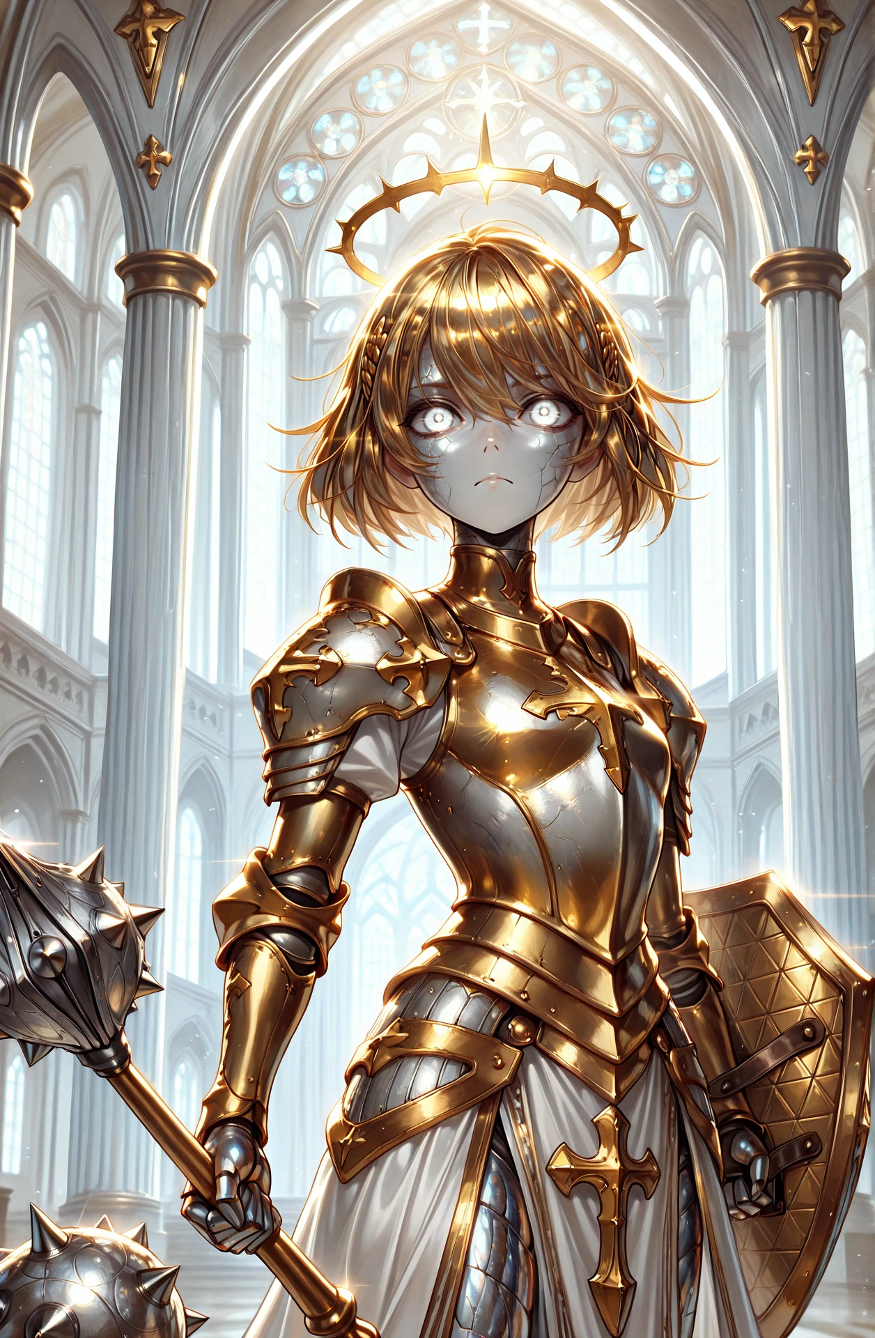 masterpiece, best quality, amazing quality, absurd res,
<lora:Metallic_Hair_for_Illustrious:1> metallic_hair,
1girl, marble skin, glowing eyes, white eyes, halo, armor, gold hair, short hair, frown, mace, shield, paladin, indoors, church,