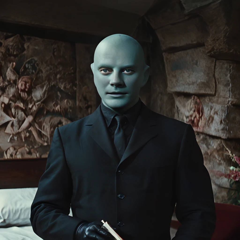 <lora:Fantomas:0.8> fantomas, a bald cool muscular lean young attractive handsome man with blue eyes wearing black clothes, black leather gloves and a (((blue full-head mask))), interior, best quality, best resolution, extremely detailed, detailed face, detailed eyes, masterpiece, crisp focus, 4k, zPDXLrl, zPDXL3, smooth skin, beardless, hairless, even pupils