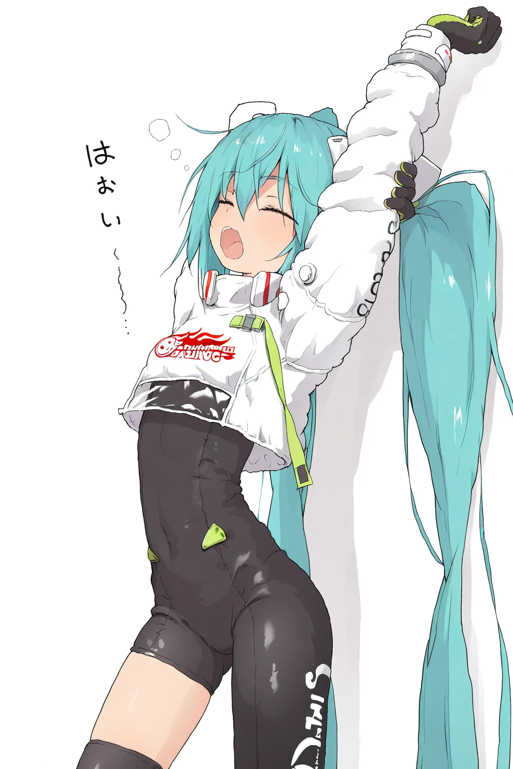 1girl, racing miku \(2022\), (yakihebi:1.18), (Visark:0.72), (seyo:0.98), (Kajinchu:0.84), solo, stretching, yawning, against wall, white background, \nasymmetrical black bodysuit, white cropped jacket, single black thighhigh, long sleeves, best quality, masterpiece, very awa, absurdres, safe