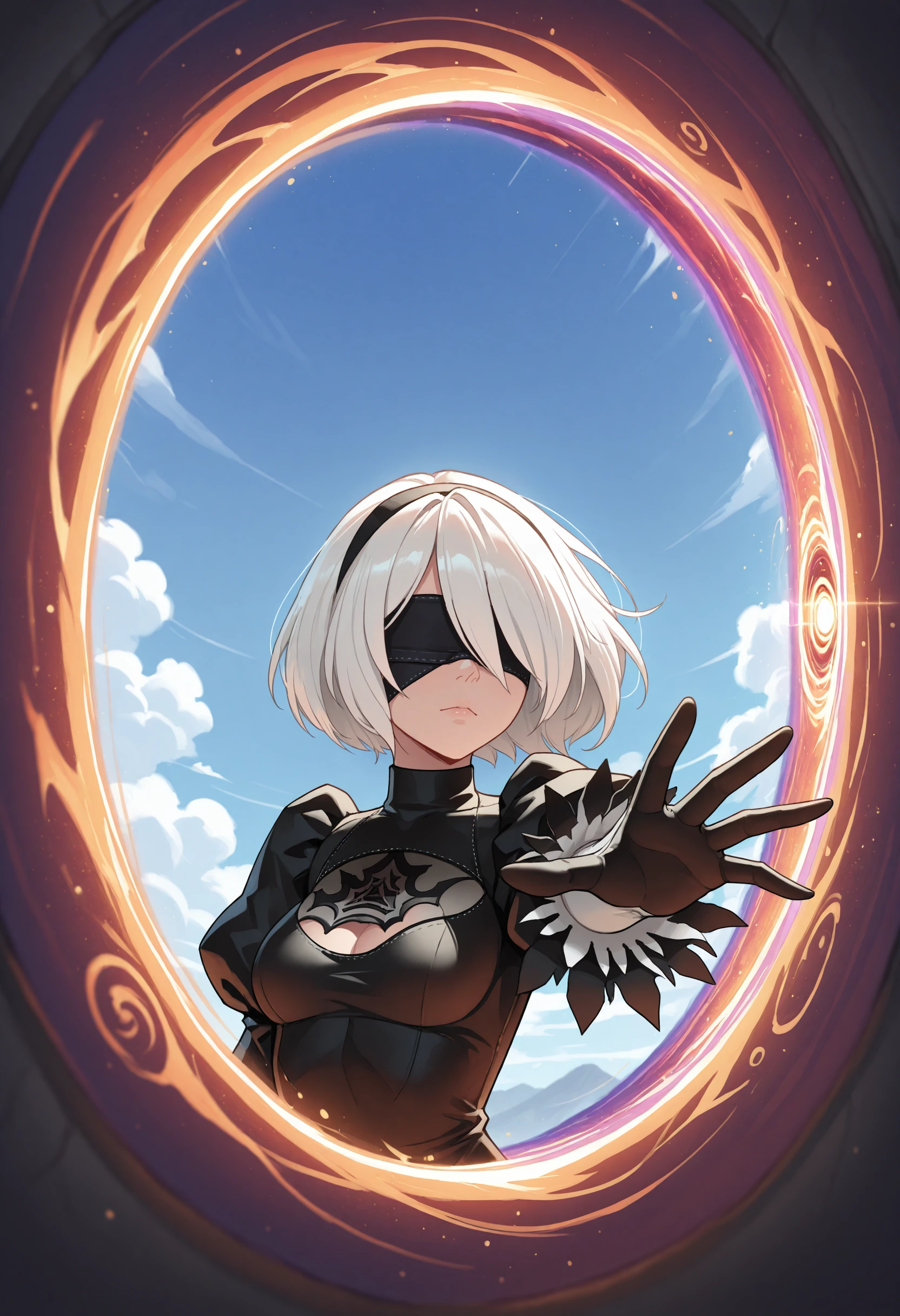 p0rtalreach, yorha 2b, white hair, blindfold, portal, arm reaching through portal, 1girl, solo, sky, best quality, masterpiece, <lora:PortalReachIllustrious:0.8>