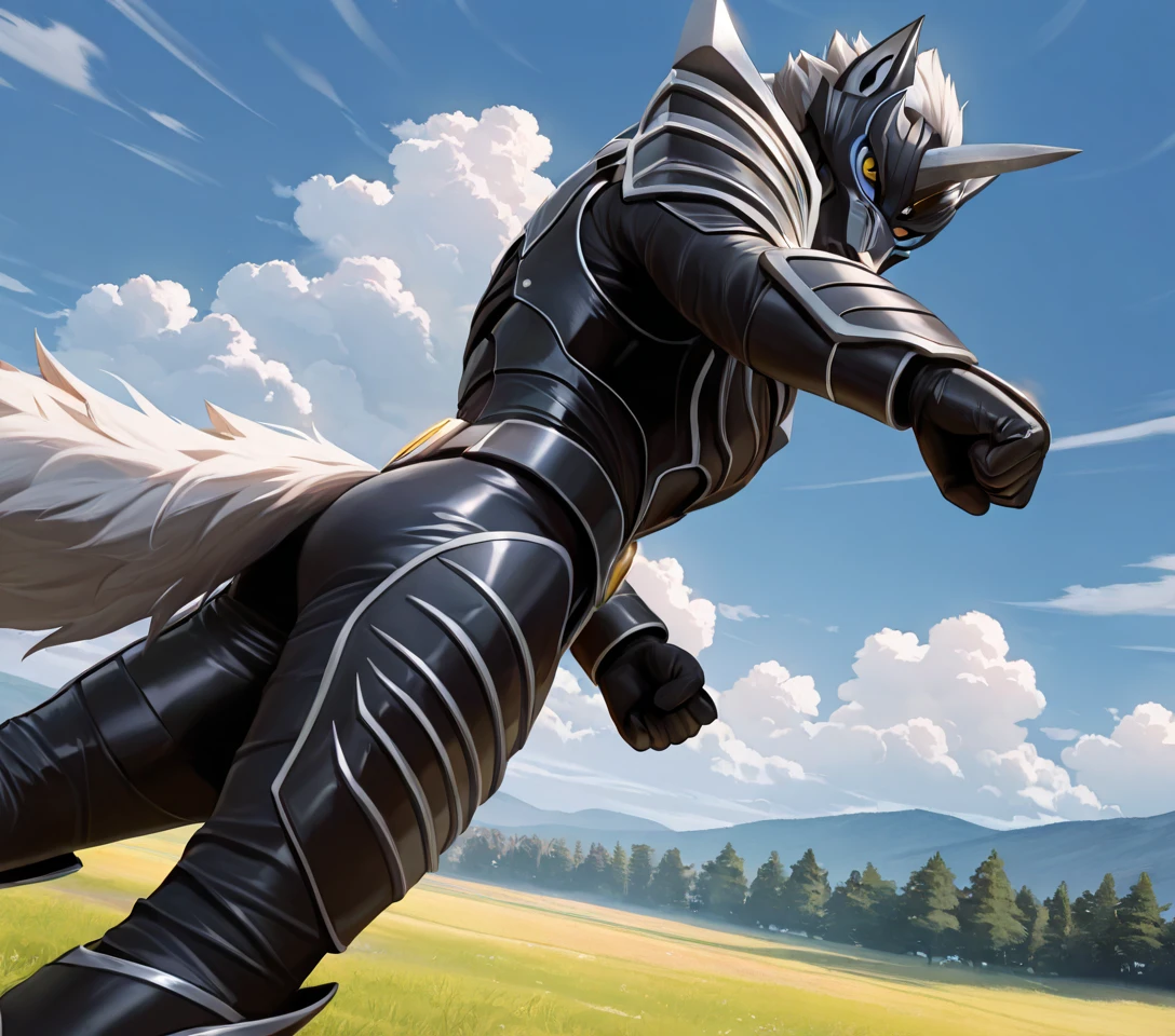 score_8, score_8_up, score_7_up, score_6_up,
masterpiece, best quality, newest, absurdres, highres, furry, perfect anatomy,
8K, In'ei, chiaroscuro, side lighting, cinematic lighting, cinematic shot, photographic realism, 8K CGI render, absurd details, source_anime,
<lora:Zen_Aku_(Power_Rangers_Wild_Force)_(Illustrious)_(AD):1> Zen Aku, Power Rangers Wildforce, wolf, armor, muscular,
official screenshot in the style and quality of Power Rangers, silver hair, bent leg, solo, dynamic perspective, looking at viewer, glossy hyper polished leather armor, punching, side view,
exterior, masterclass background, soft detailed anime background, blue sky with highly detailed anime style soft clouds, nature, field,
EZRealPONYXL, zPDXL, zPDXLxxx,