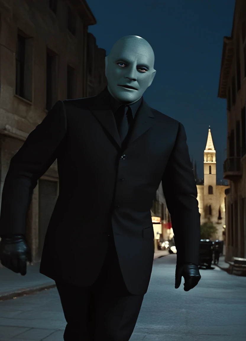 <lora:Fantomas_SDXL:0.8> fantomas, Fantomas, a criminal mastermind in motion, wearing an elegant black suit, running through a dimly lit cityscape at night, blue skin glowing faintly in the moonlight, intense expression, shadowy and suspenseful atmosphere, cinematic action shot, noir aesthetic, best quality, best resolution, extremely detailed, detailed face, detailed eyes, masterpiece, crisp focus, 4k, detailxl, eyedetailpxl