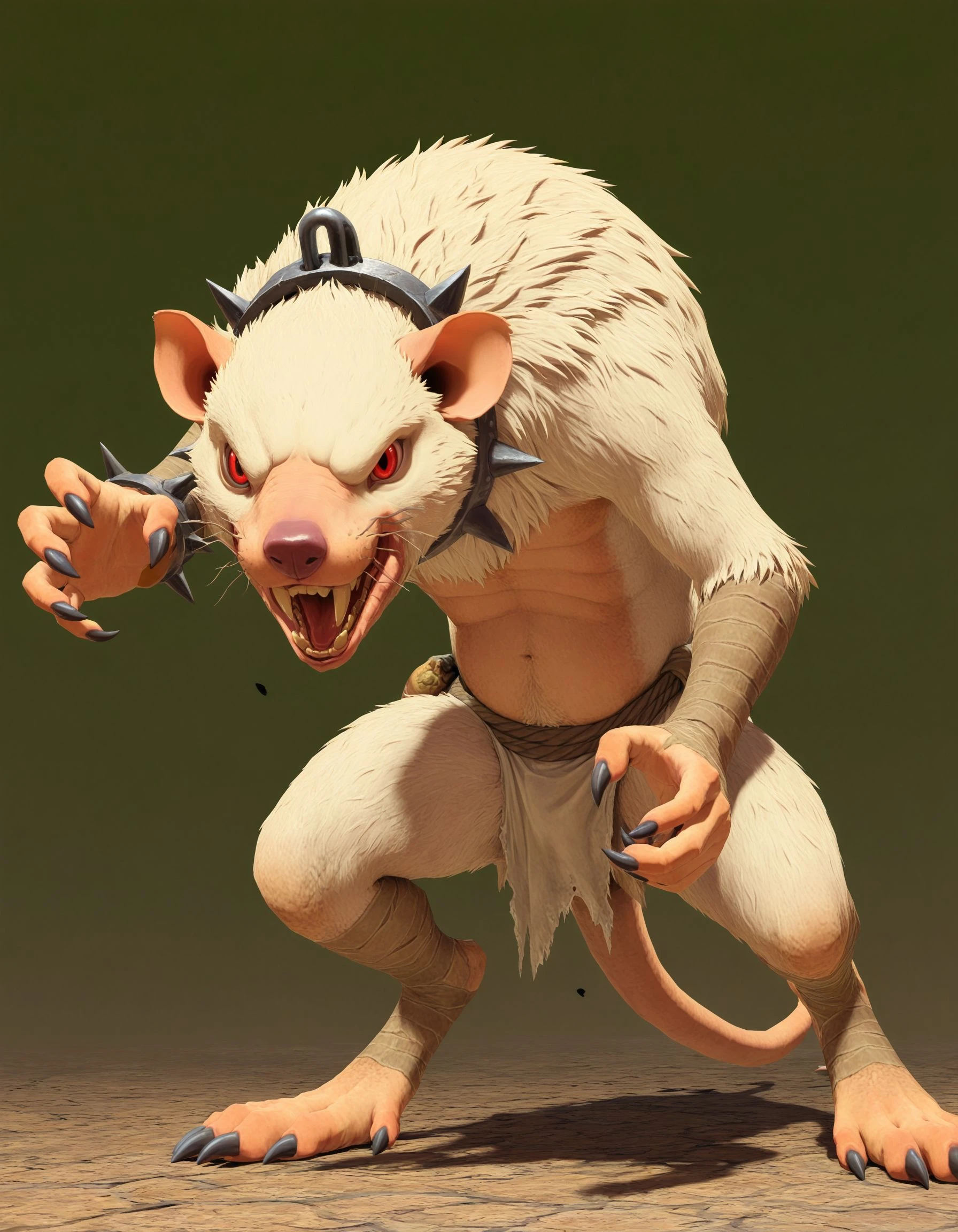 masterpiece, good quality, best quality, 2d, (whaleoil),
Skavenslave, solo, monster, tail, white fur, red eyes, digitigrade, claws, dynamic pose, claw pose,
<lora:Skavenslave_Vpred:0.6>
