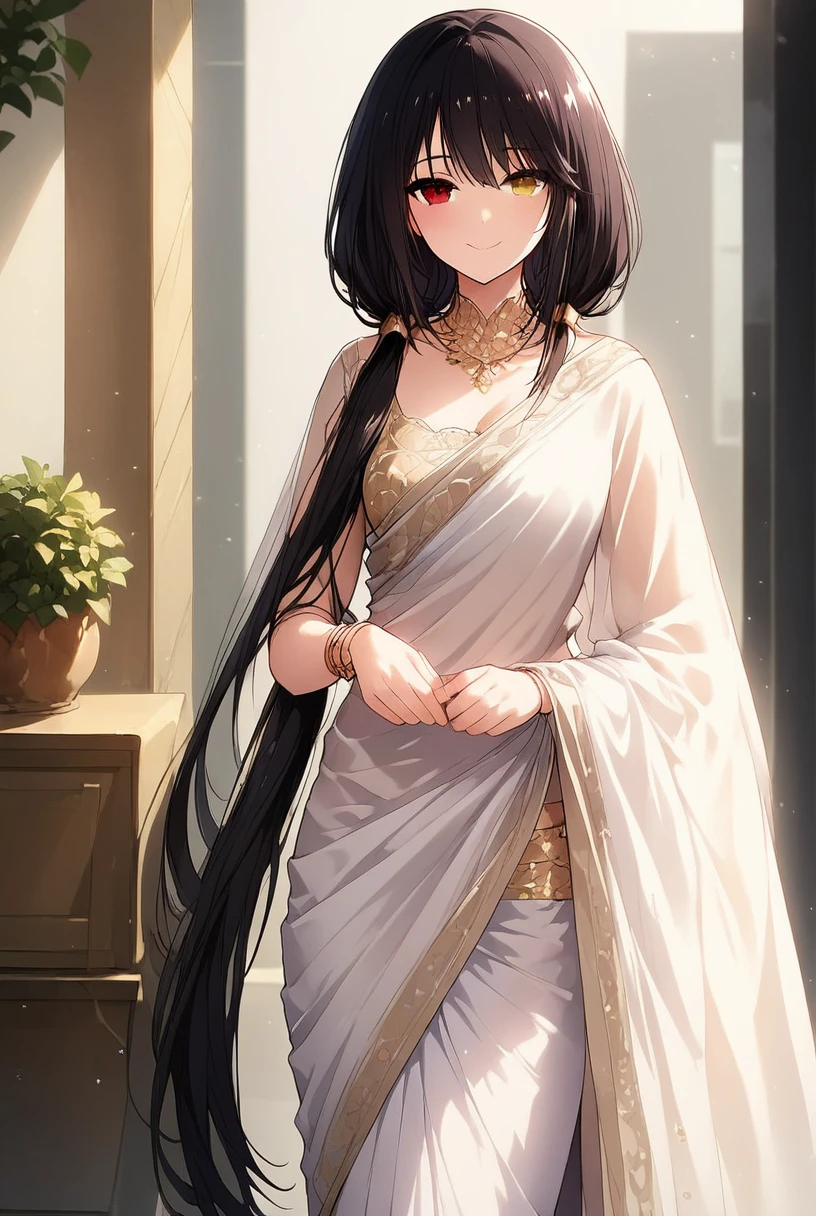 score_9_up, score_9, source_anime, <lora:Saree:1> saree, <lora:Kurumi_Tokisaki:1> standing, looking at the viewer, black hair, red eye, long hair, yellow eye, heterochromia, 1girl, solo, twintails, smile, closed mouth <lora:Expressive_H:1.25> expressiveh,