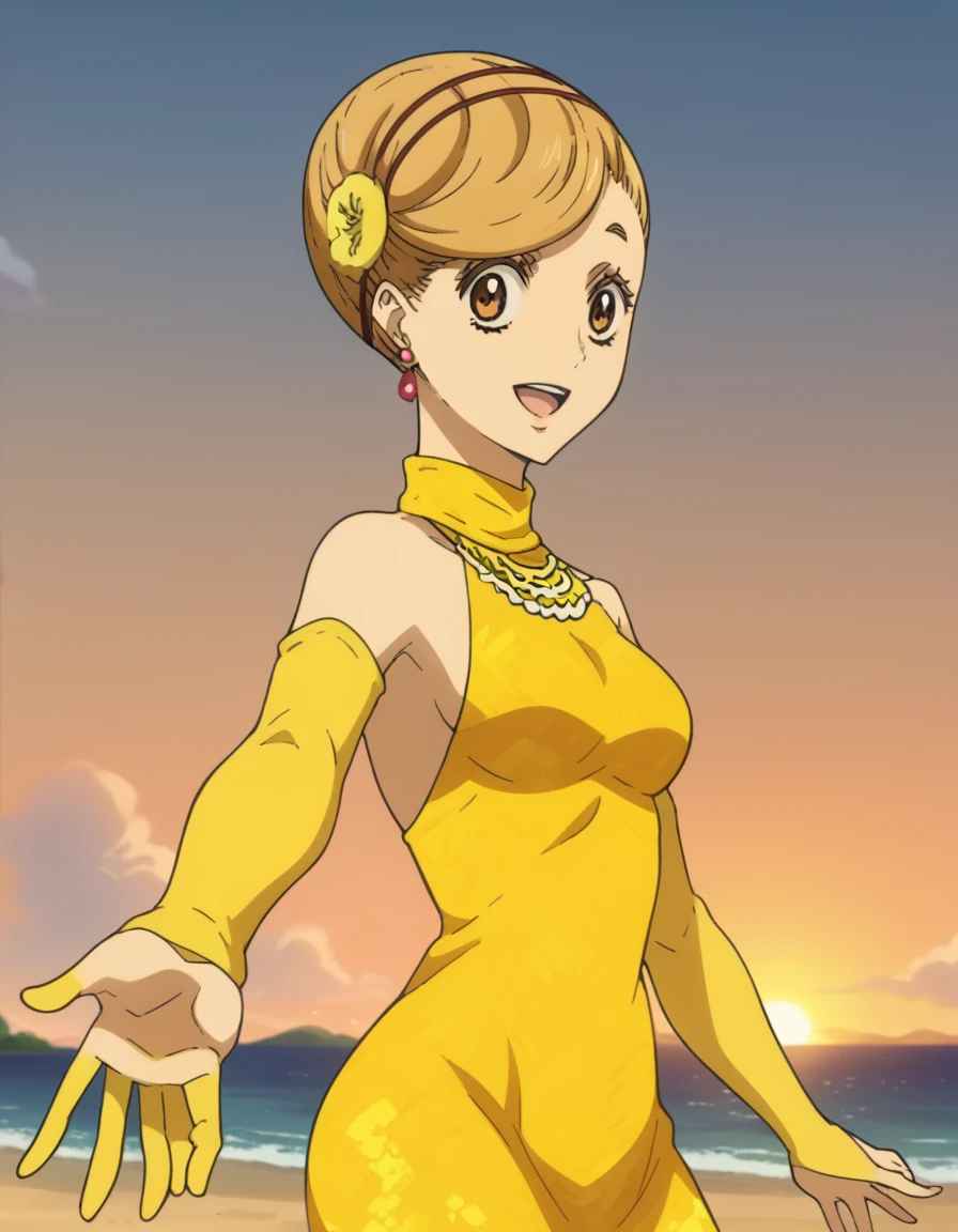 score_9, score_8_up, score_7_up, source_anime, <lora:mako-akagi-s1-ponyxl-lora-nochekaiser:1>, mako akagi, short hair, blonde hair, brown hair, brown eyes, hairband, single hair bun, medium breasts, anime screencap, dress, bare shoulders, jewelry, earrings, necklace, yellow dress, turtleneck, elbow gloves,, pagoda, tall, tiered, Asian, sacred, smile, <lora:looking-back-reaching-towards-viewer-ponyxl-lora-nochekaiser:1>, looking back reaching towards viewer, looking at viewer, solo focus, smile, looking back, open mouth, reaching towards viewer,, ocean, beach, outdoors, sky, cowboy shot, sunset, clouds, thighs, solo,, looking at viewer, solo,, cowboy shot, solo