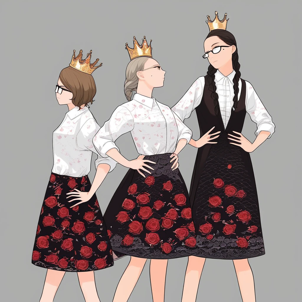 crown, no humans, outdoors, hand on hip, floral print, simple background, rose, tree, mole, jacket, 2girls, own hands together, hands on hips, black dress, shirt, grey background, glasses, white background, white shirt, dancing, braid, Bunad