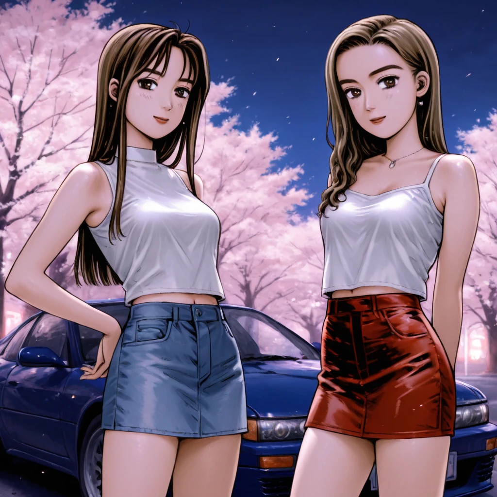 masterpiece, best quality, <lora:Mako_Sayuki:1> 2girls, mako, sayuki, long hair, red skirt, denim skirt, smile, night, moonlight, cherry blossoms, car sileighty, hands on hip, arms behind back,