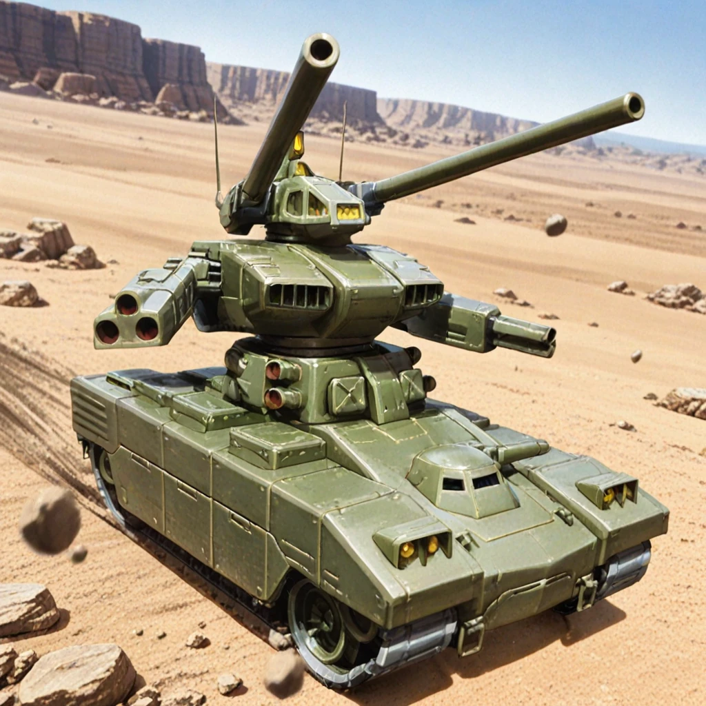 no humans, non-humanoid robot, 1mecha, solo, RMV-1_GUNTANK2, (Lower Body is Ground Vehicle:1.4),
action pose, Combat pose,
(motion blur, motion line, sense of speed, Battle Effects),
rocky desert,rock,(storm:0.6)horizon,day, dynamic angle