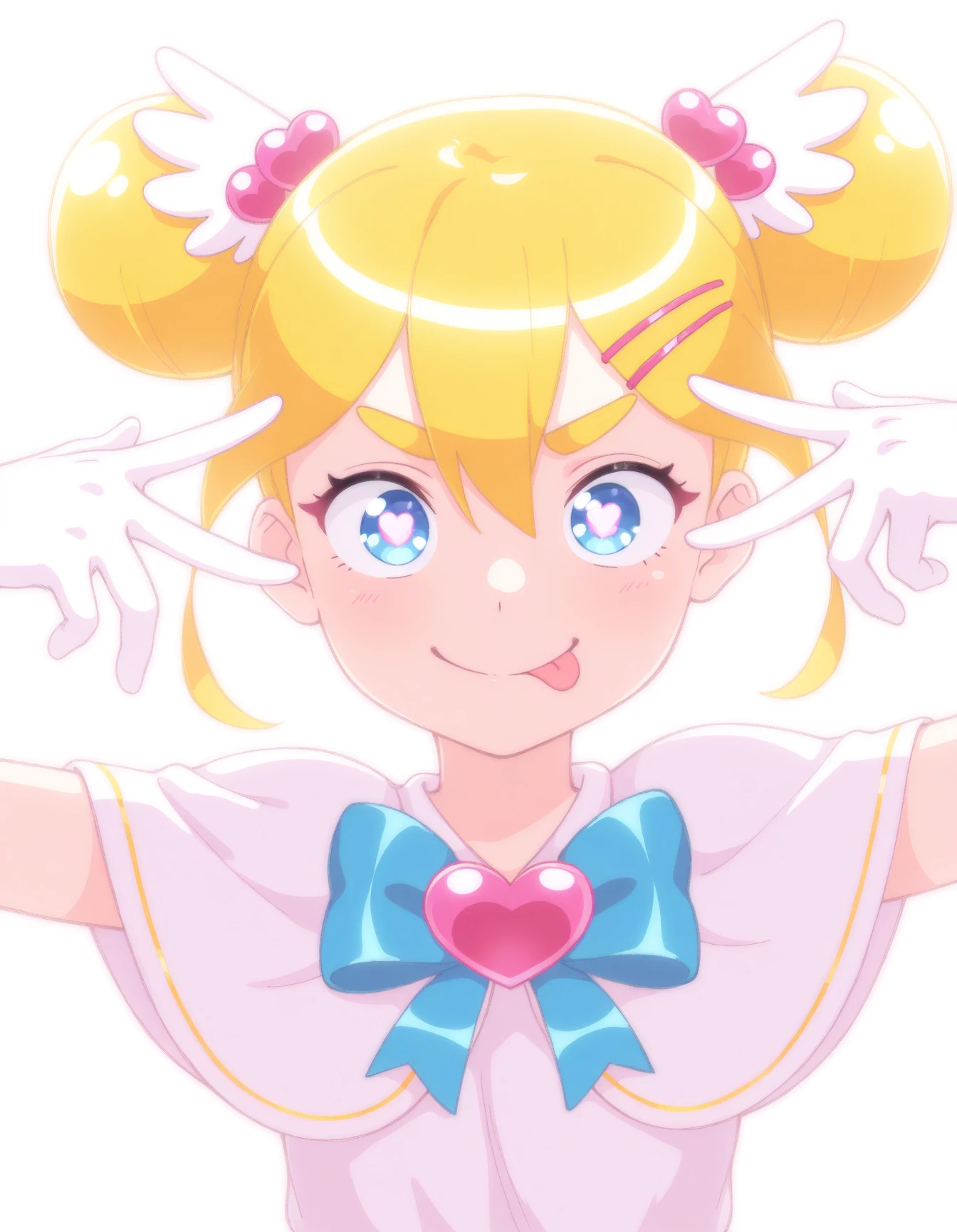 masterpiece, best quality, amazing quality, very aesthetic, high resolution
Mimiko-chan-vkstickrs, golden twin buns, pink heart-shaped decorations, blue eyes, blue ribbon and a heart-shaped gem at the center, aihsnpose, smile, tongue out, double v, pupils<lora:pose_aihoshinopose_illustriousXL:1>
<lora:Mimiko-chan-vkstickrs_il:0.9>